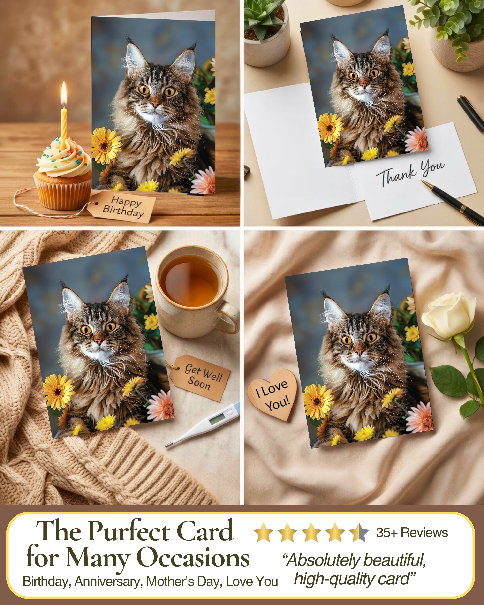 Maine Coon Cat Greeting Card 5x7 Inch Any Occasion from Cats with Flowers Collection Premium Cardstock Blank Inside White Envelope Great Gift for Cat Lovers