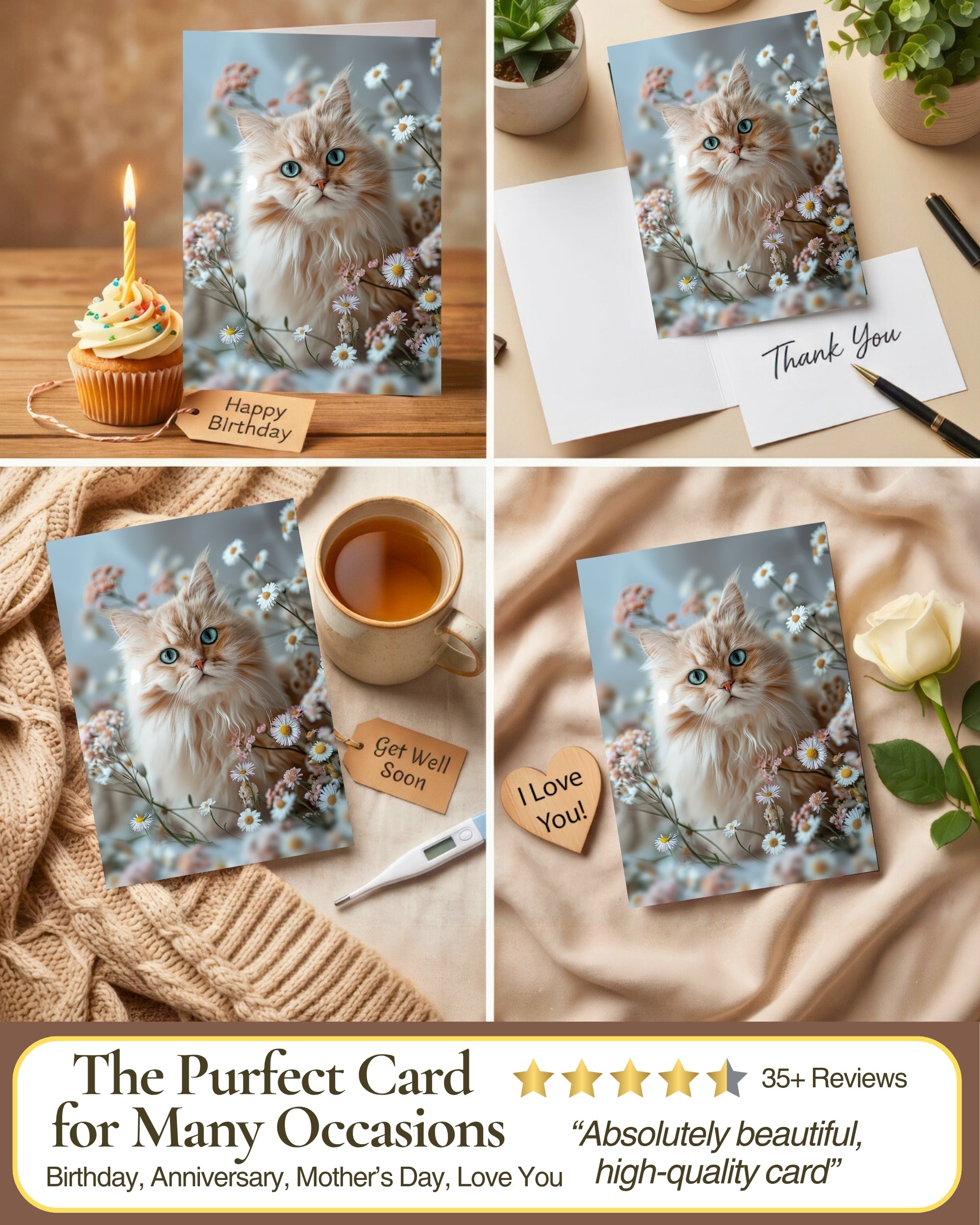 Persian Cat Greeting Card 5x7 Inch Any Occasion from Cats with Flowers Collection Premium Cardstock Blank Inside White Envelope Great Gift for Cat Lovers