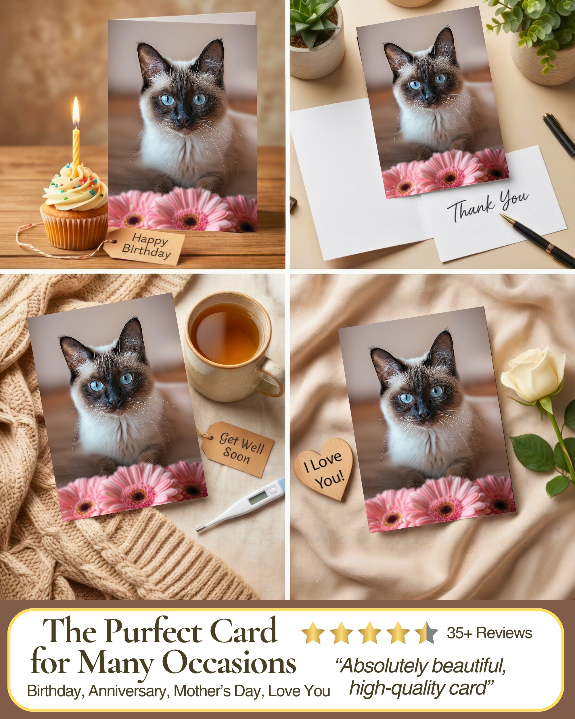 Siamese Cat Greeting Card 5x7 Inch Any Occasion from Cats with Flowers Collection Premium Cardstock Blank Inside White Envelope Great Gift for Cat Lovers