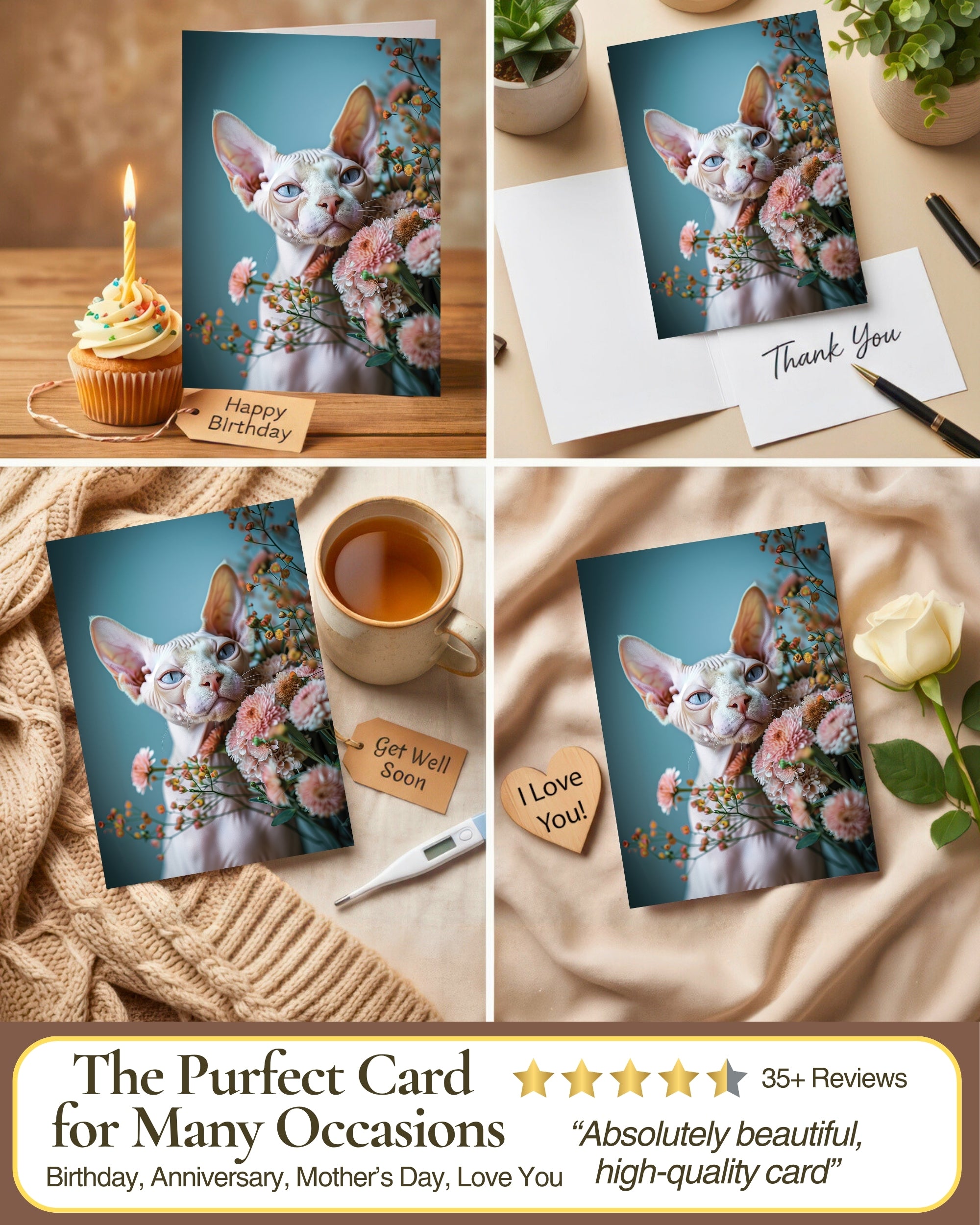 Sphynx Cat Greeting Card - 5x7 Inch Any Occasion from Cats with Flowers Collection Premium Cardstock Blank Inside White Envelope Great Gift for Cat Lovers