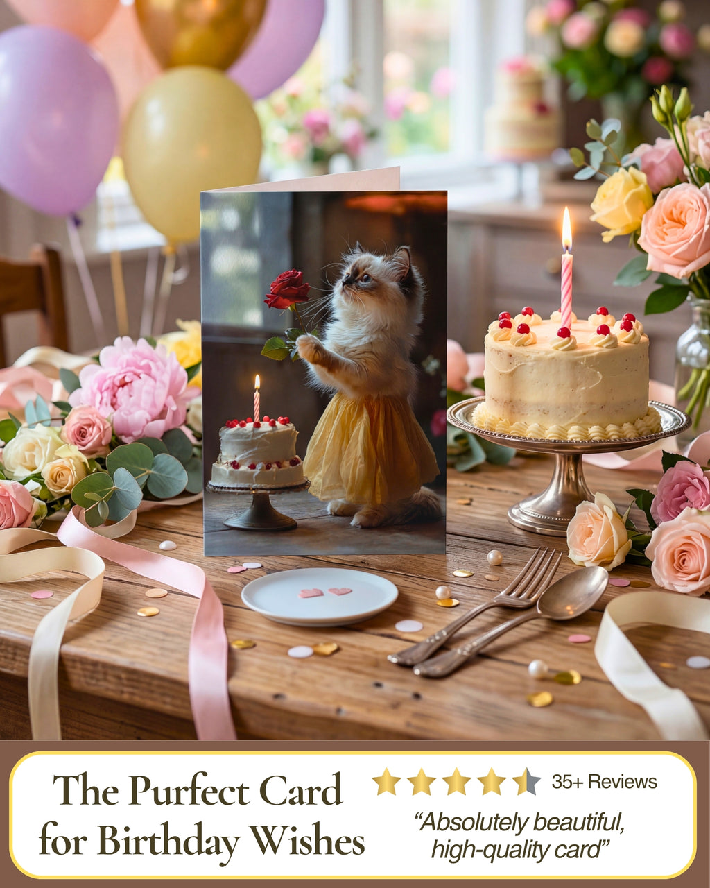 Happy Birthday Ragdoll Kitten Greeting Card Cute Cat in Dress with Cake and Rose – Blank Inside 5x7 Premium Card with Envelope – Made in USA by Pet-Friendly Business