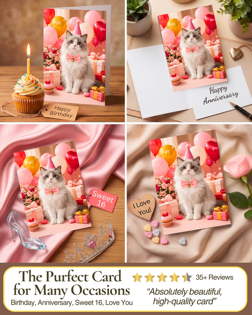 Ragdoll Cat Greeting Card with Roses – Romantic Cat Love Card for Valentine’s Day Anniversary Birthday Sweet Sixteen – Premium 5x7 Blank Card for Pet Lovers