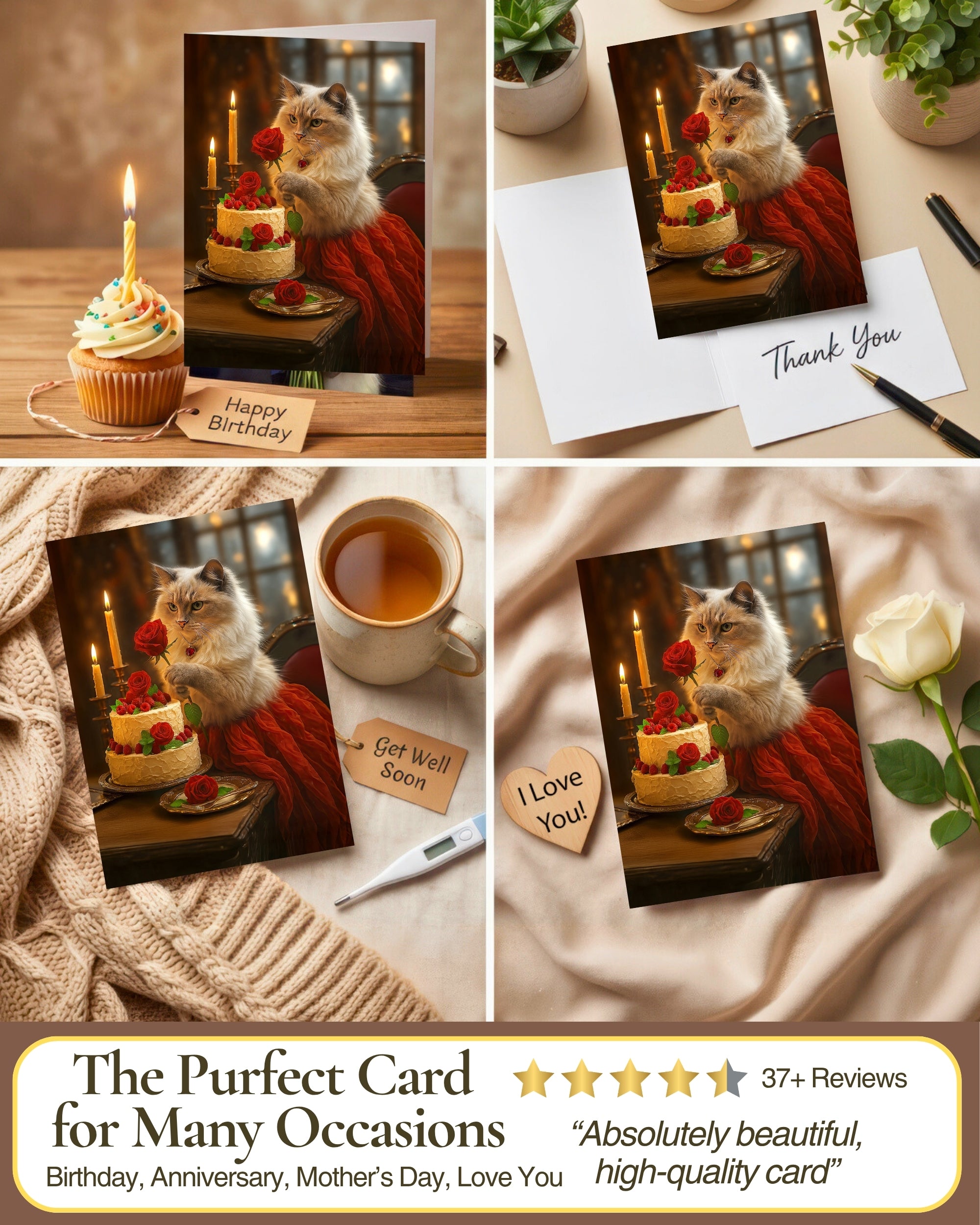 Ragdoll Cat with Cake and Red Rose Greeting Card – Blank Inside – Valentine’s Day, Birthday, Anniversary, or Thinking of You Card – Red Rose Collection by CatNeverland – 5x7 in, White Envelope, Made in USA