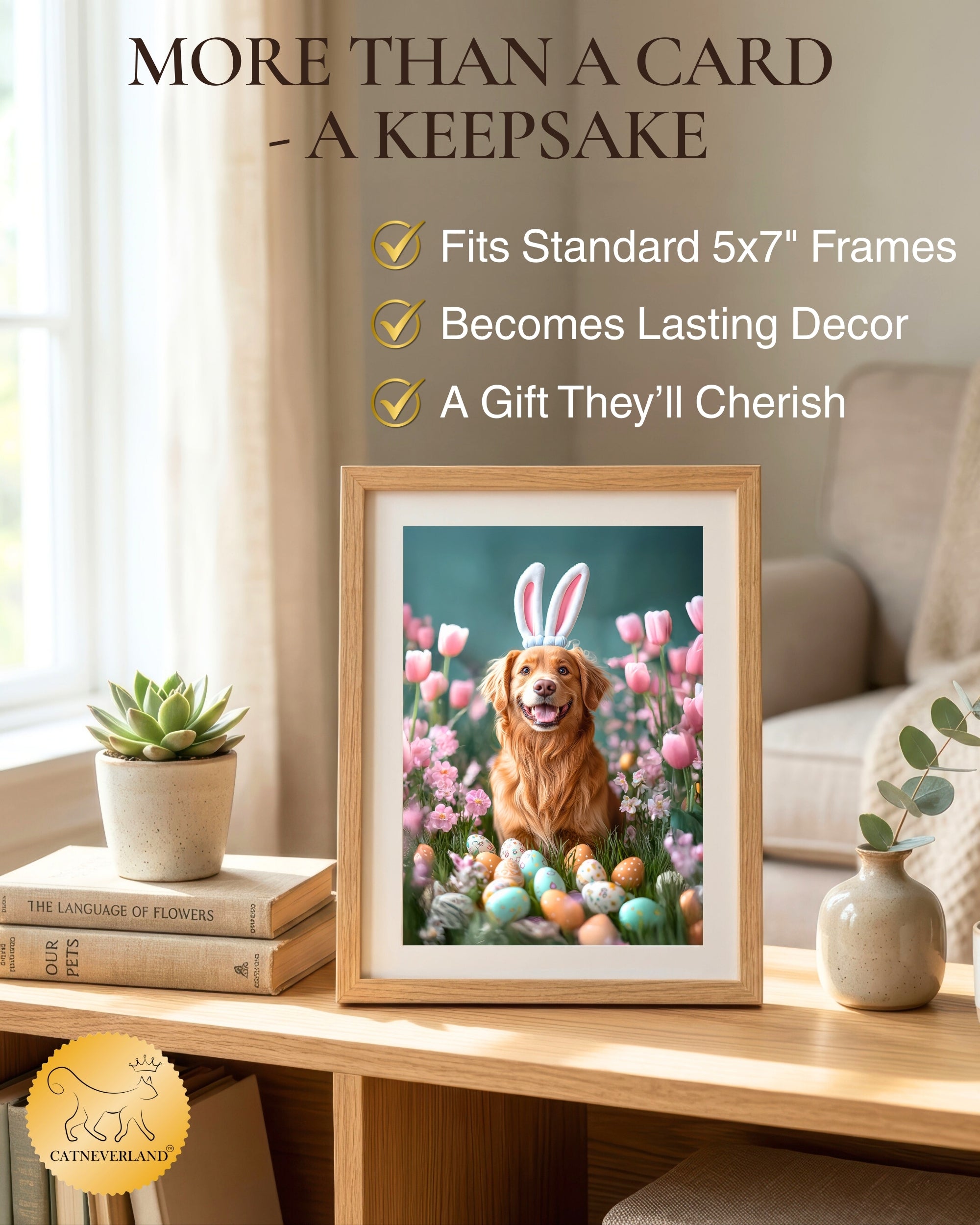 Golden Retriever Easter Greeting Card – Dog with Bunny Ears Surrounded by Easter Eggs and Spring Flowers Premium 5x7” Card with White Envelope Blank Inside Made in USA