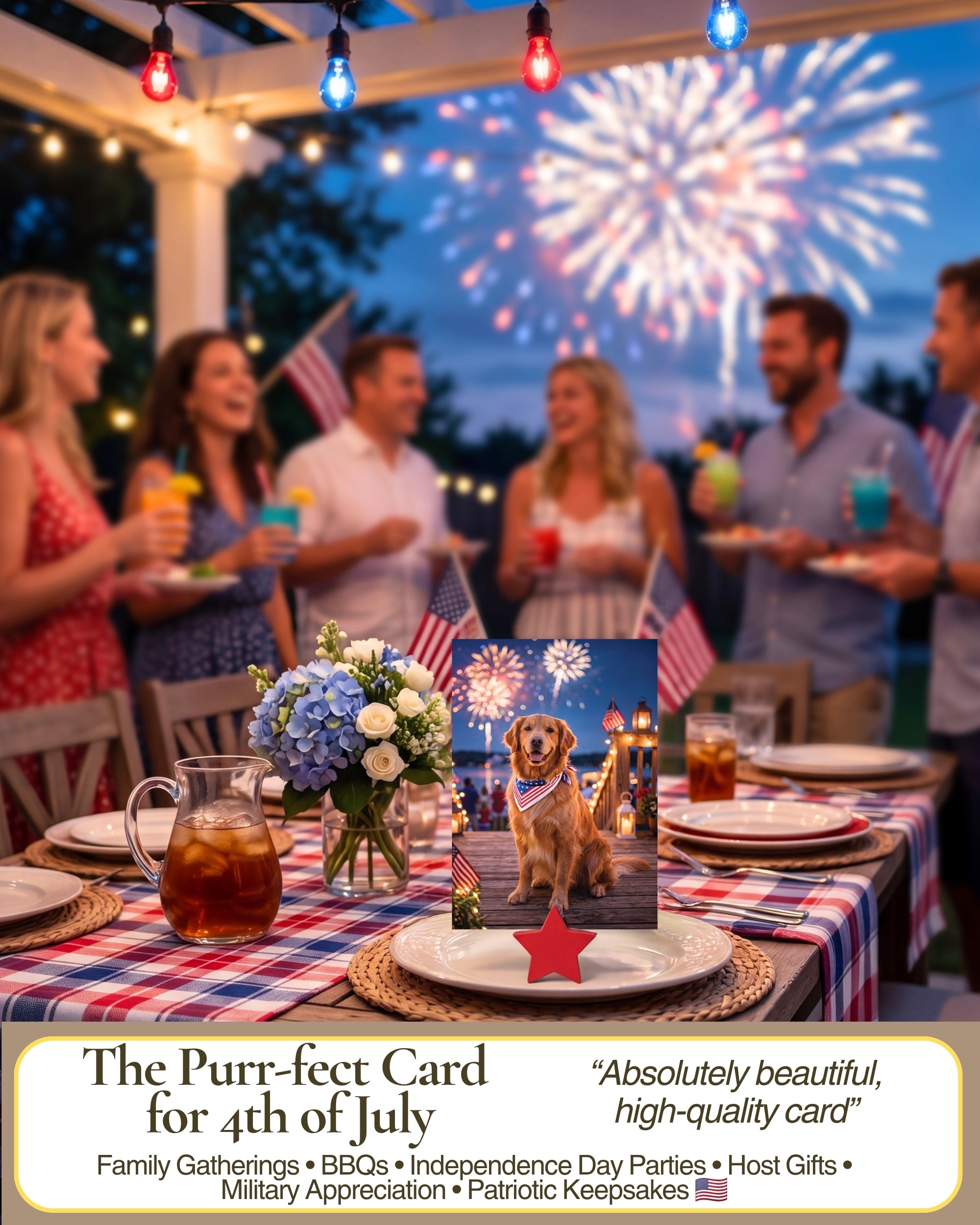 Golden Retriever 4th of July Greeting Card – Patriotic Dog Card with Fireworks – Premium 5x7 Independence Day Card with White Envelope – Blank Inside – Made in USA