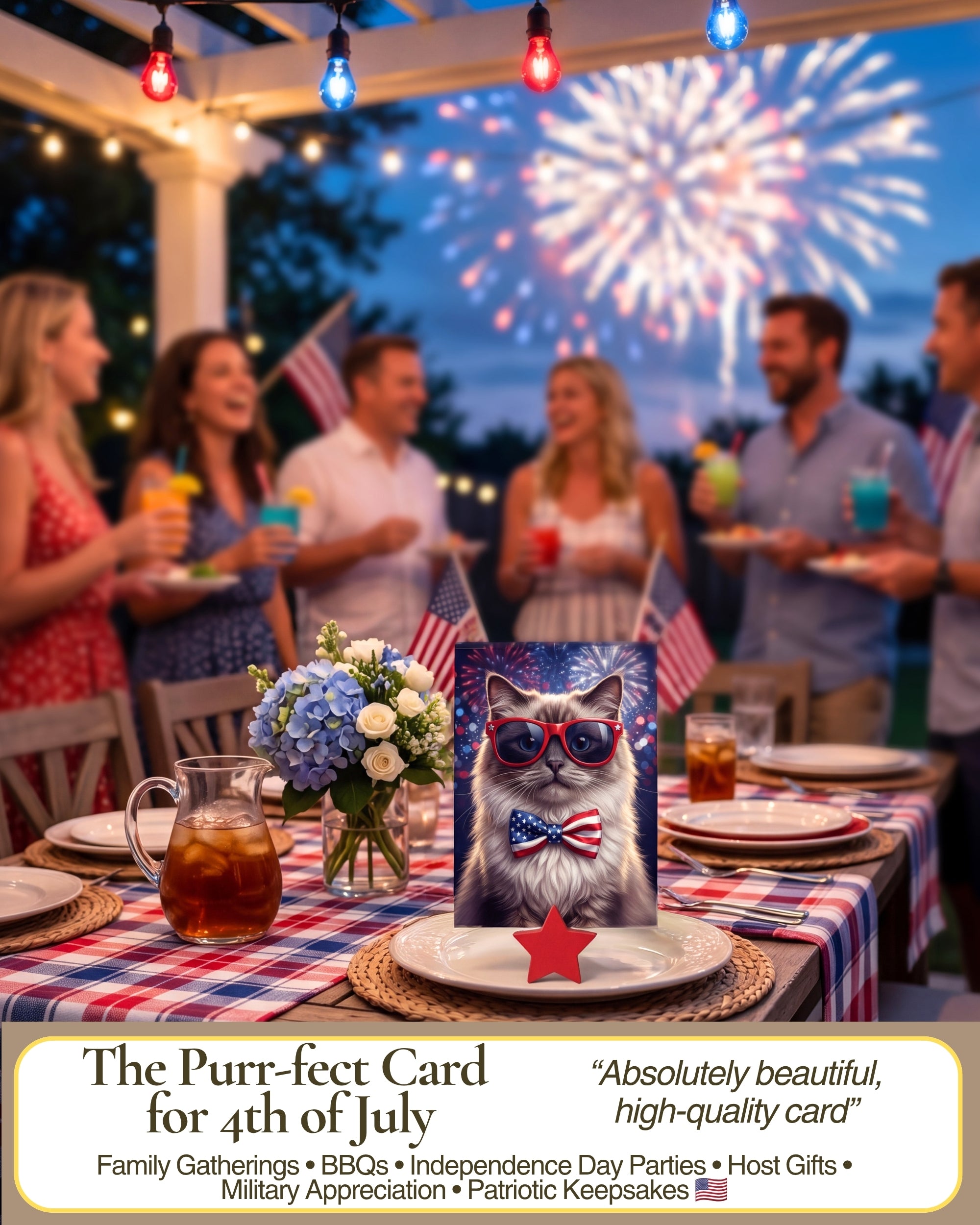 Ragdoll Cat 4th of July Greeting Card – Patriotic Cat with American Flag Bow Tie & Sunglasses – Premium 5x7 Independence Day Card with White Envelope – Blank Inside – Made in USA