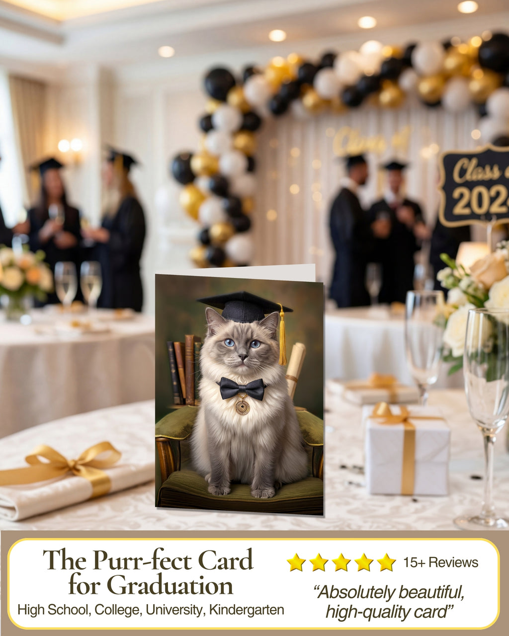 Ragdoll Cat Graduation Greeting Card 5x7” – Cute Cat in Cap & Bow Tie Congrats Card for Graduate – High School College Graduation Card with Envelope Blank Inside Made in USA
