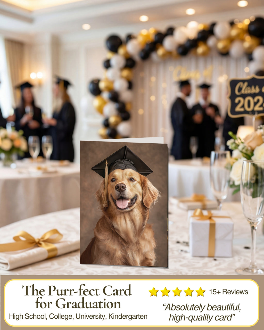 Golden Retriever Graduation Card – 5x7 Dog Greeting Card with White Envelope – Blank Inside – Pet Lover Gift – Made in USA – Frameable Keepsake
