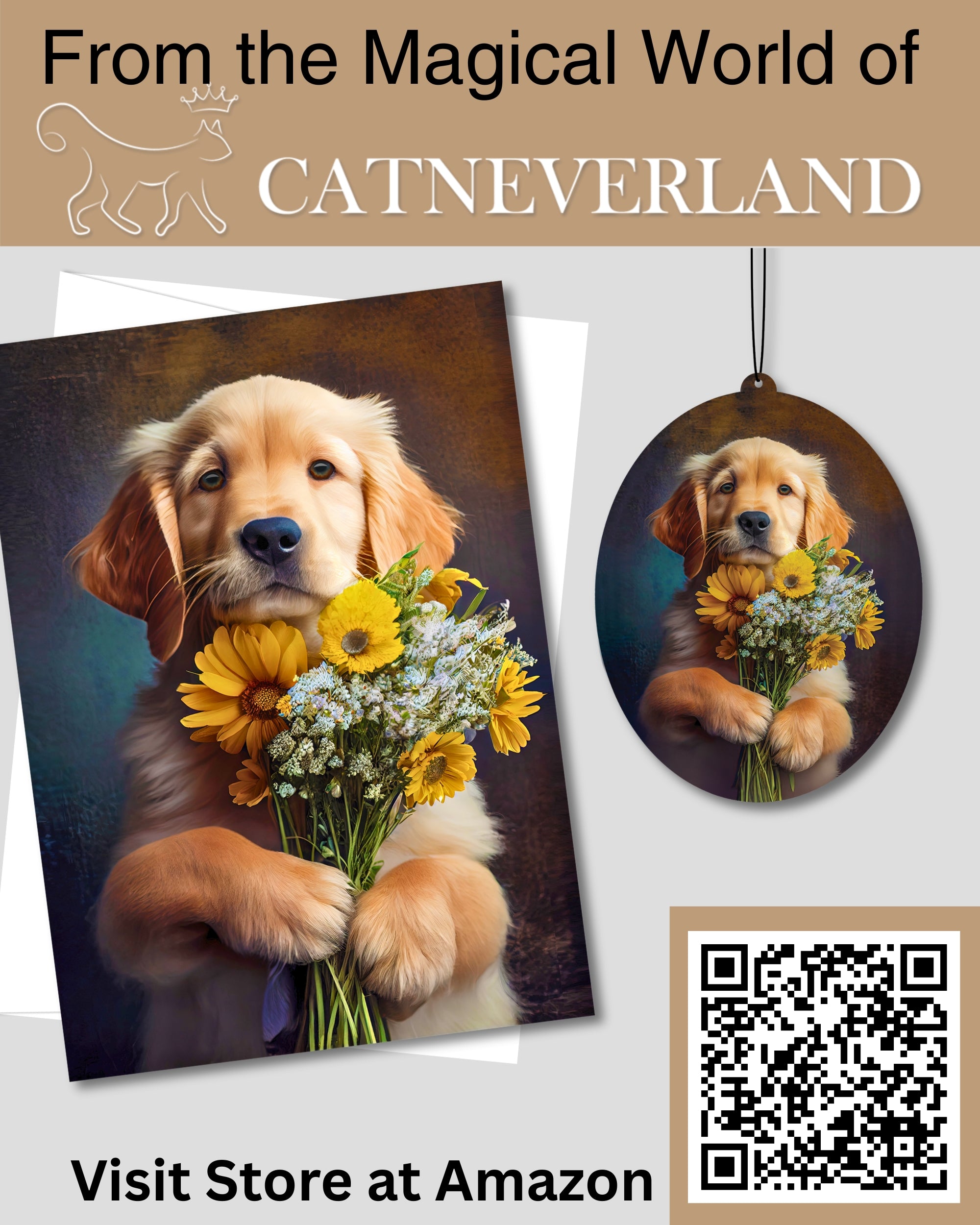 Golden Retriever - Dog Car Air Freshener - Cute Hanging Dog with Flowers Decor New Car Scent, Infusible with Your Own Scent, Pet Safe, Non-Toxic, Freshener for Car, Closet, Office Size - 3x4"