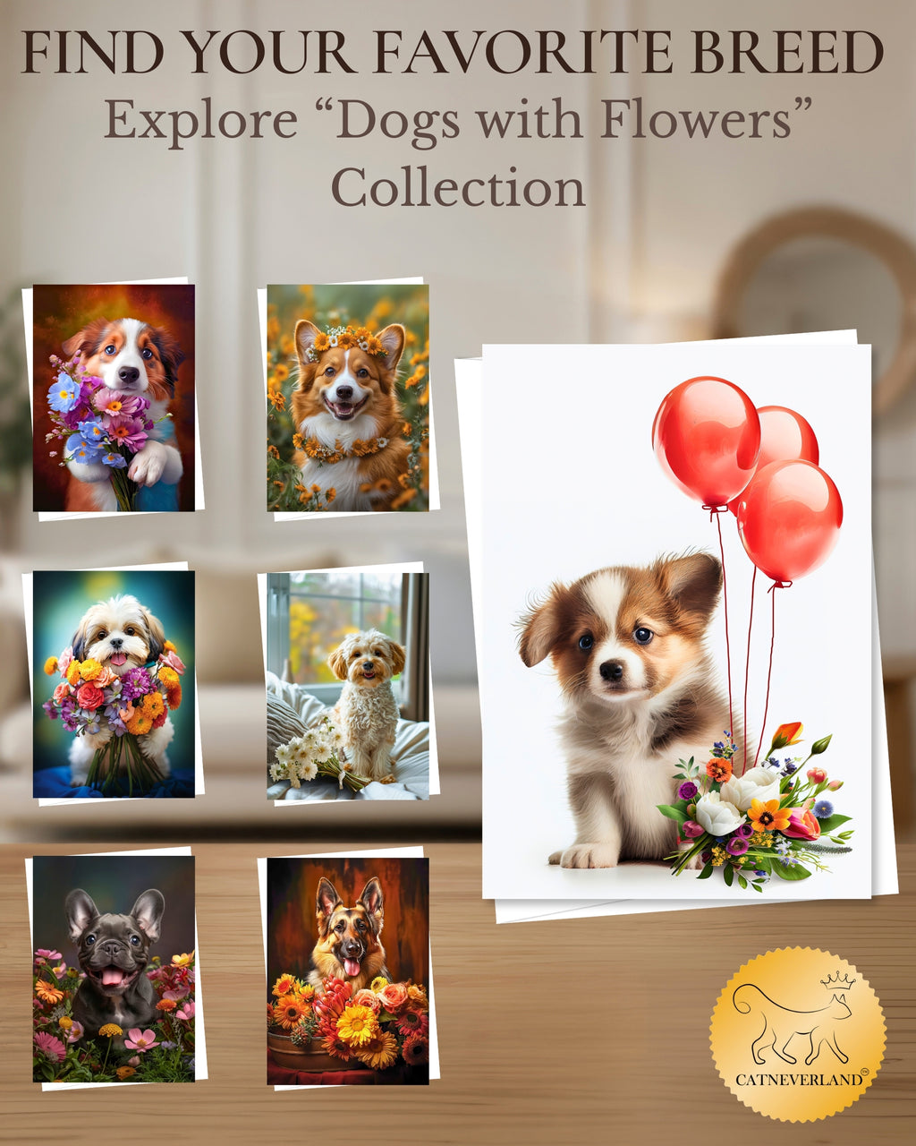 Puppy with Red Balloons and Flowers All Occasions Greeting Card from Unique Dogs Party Delights Collection Large 5x7 Inch Blank Inside with Envelope