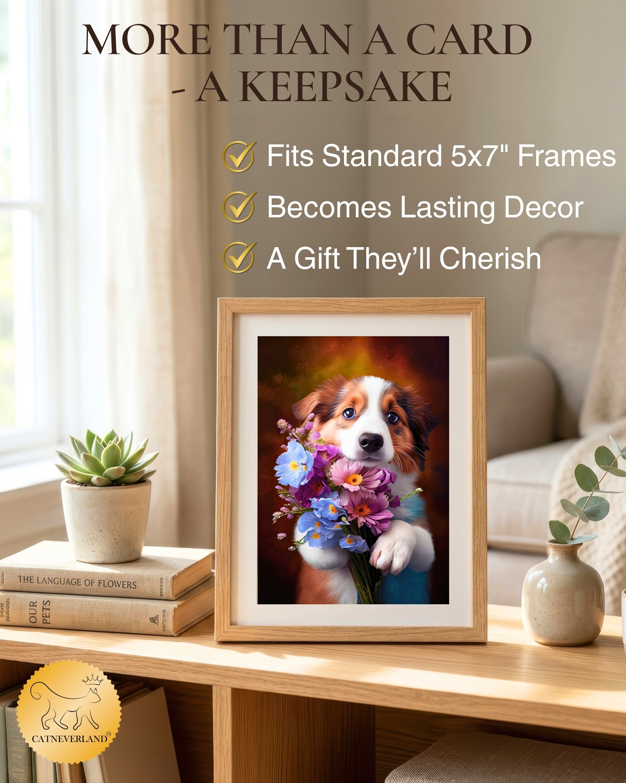 Australian Shepherd with Flowers All Occasions Greeting Card from Unique Dogs Party Delights Collection Large 5x7 Inch Blank Inside with White Envelope