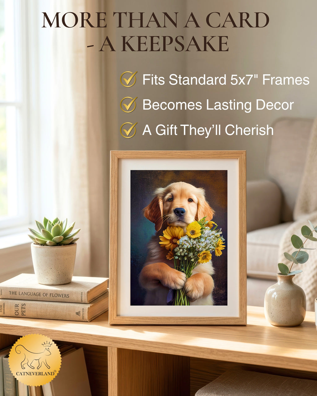 Golden Retriever with Flowers All Occasions Greeting Card - Dog with Flowers from Unique Dogs Party Delights Collection - Large 5x7 Inch - Blank Inside with White Envelope