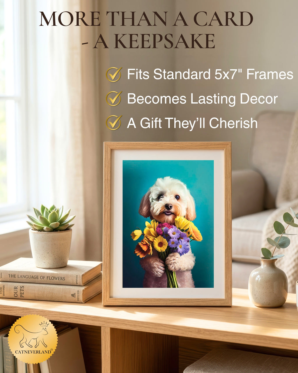 White Poodle with Flowers All Occasions Greeting Card from Unique Dogs Party Delights Collection Large 5x7 Inch Blank Inside with White Envelope