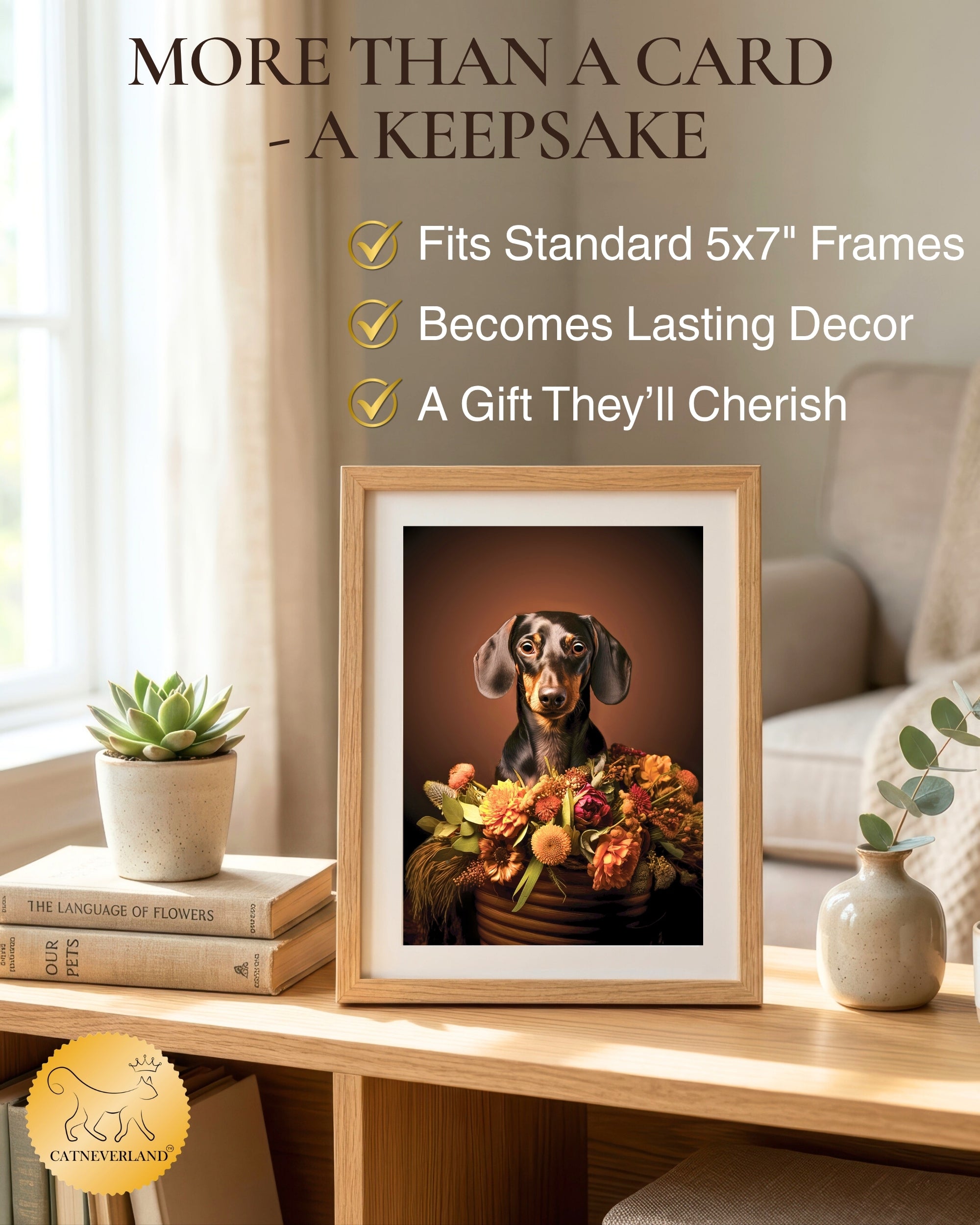 Dachshund with Flowers All Occasions Greeting Card from Unique Dogs Party Delights Collection Large 5x7 Inch Blank Inside with White Envelope