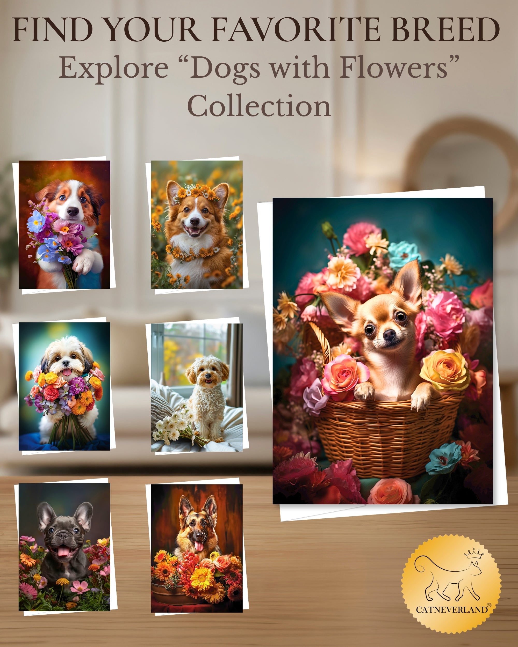 Chihuahua with Flowers All Occasions Greeting Card from Unique Dogs Party Delights Collection Large 5x7 Inch Blank Inside with Envelope