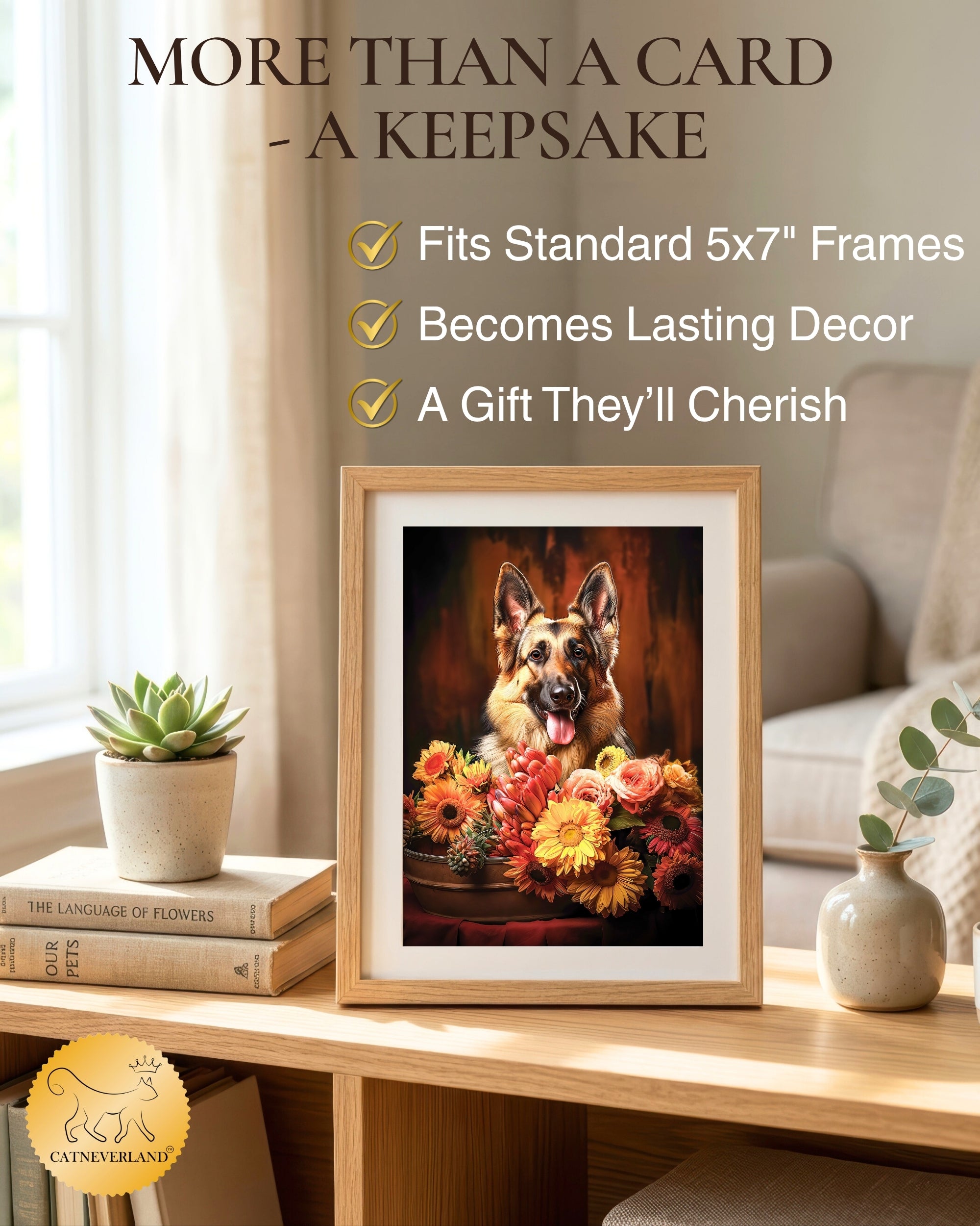 German Shepherd with Flowers All Occasions Greeting Card from Unique Dogs Party Delights Collection Large 5x7 Inch Blank Inside with White Envelope