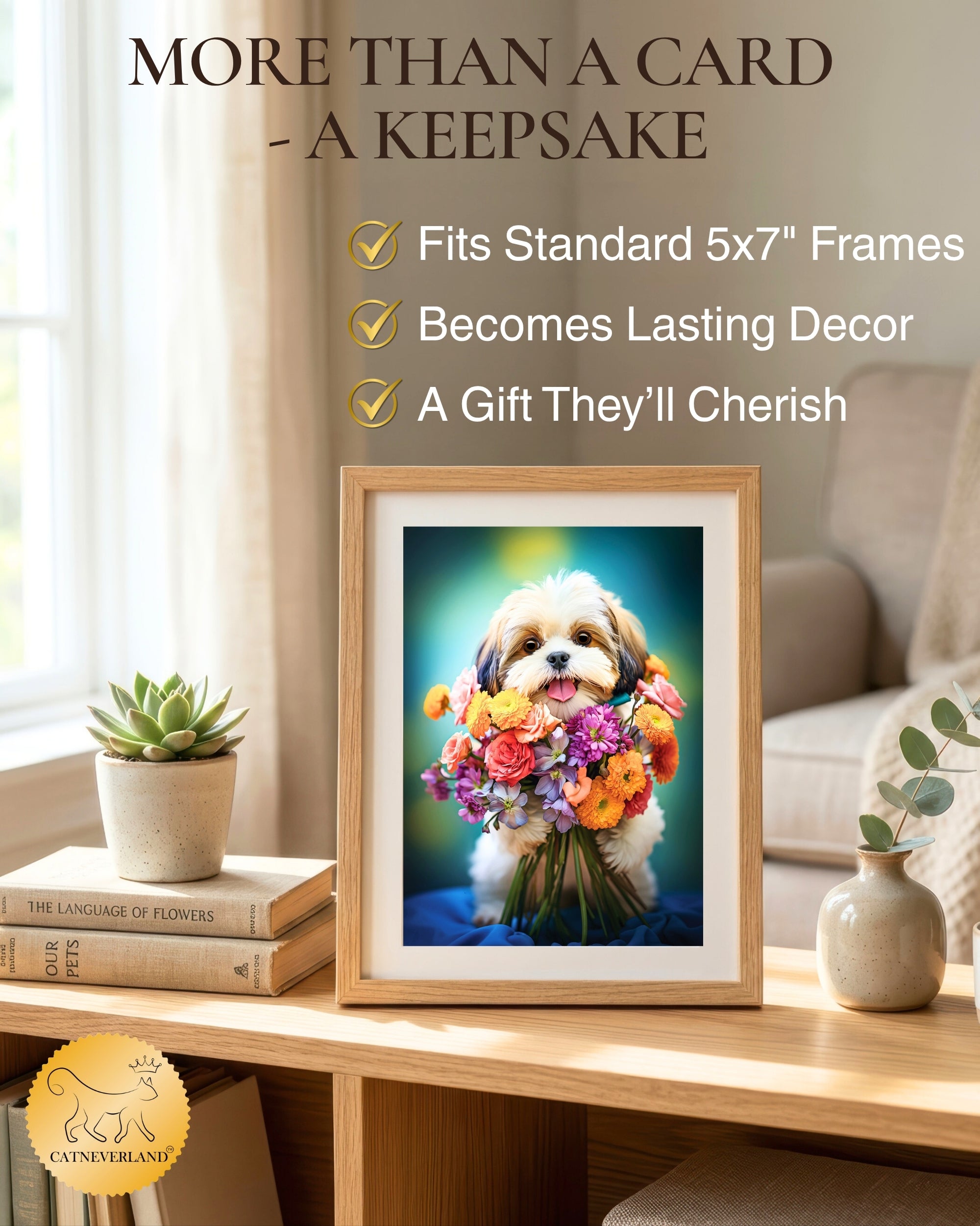 Shih Tzu with Flower All Occasions Greeting Card - 5x7 Inch, Collection Dogs with Flowers, Premium Cardstock, Blank Inside, White A7 Envelope, Eco-Friendly