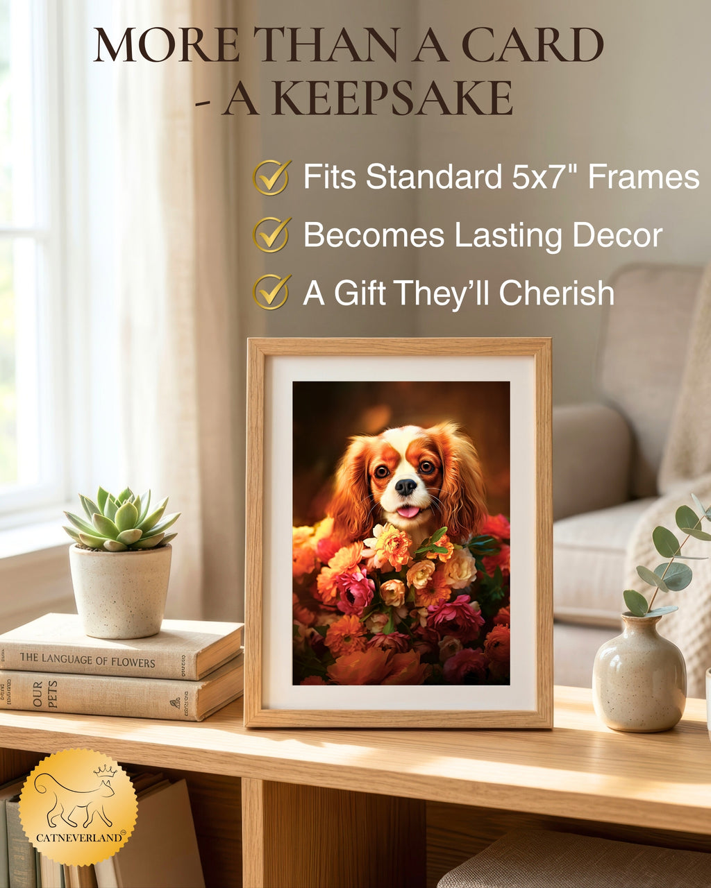 Cavalier King Charles Spaniel with Flowers All Occasions Greeting Card - Dog with Flowers from Unique Dogs Party Delights Collection - Large 5x7 Inch - Blank Inside with A7 Invitation Style White