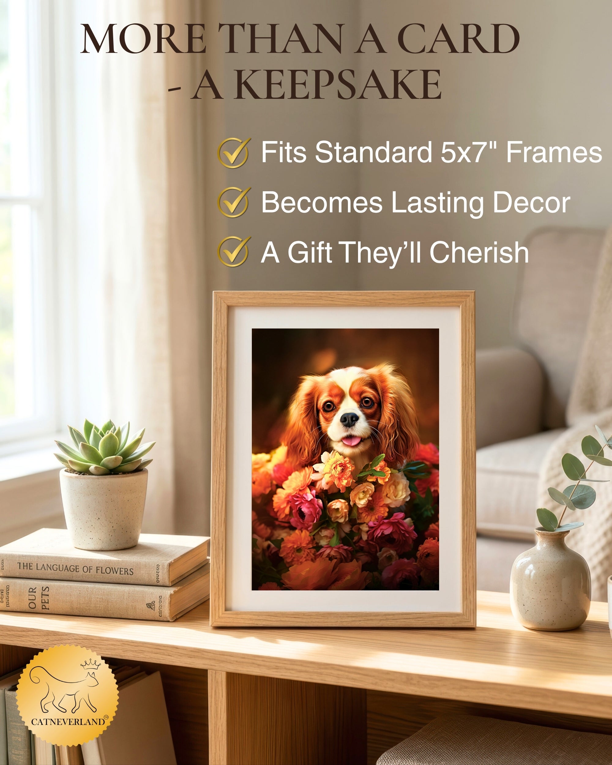 Cavalier King Charles Spaniel with Flowers All Occasions Greeting Card - Dog with Flowers from Unique Dogs Party Delights Collection - Large 5x7 Inch - Blank Inside with A7 Invitation Style White