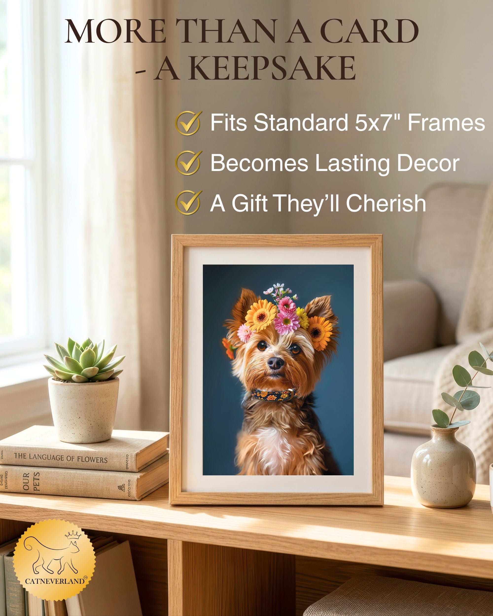 Yorkshire Terrier with Flower Crown All Occasions Greeting Card from Unique Dogs Party Delights Collection Large 5x7 Inch Blank Inside with Envelope