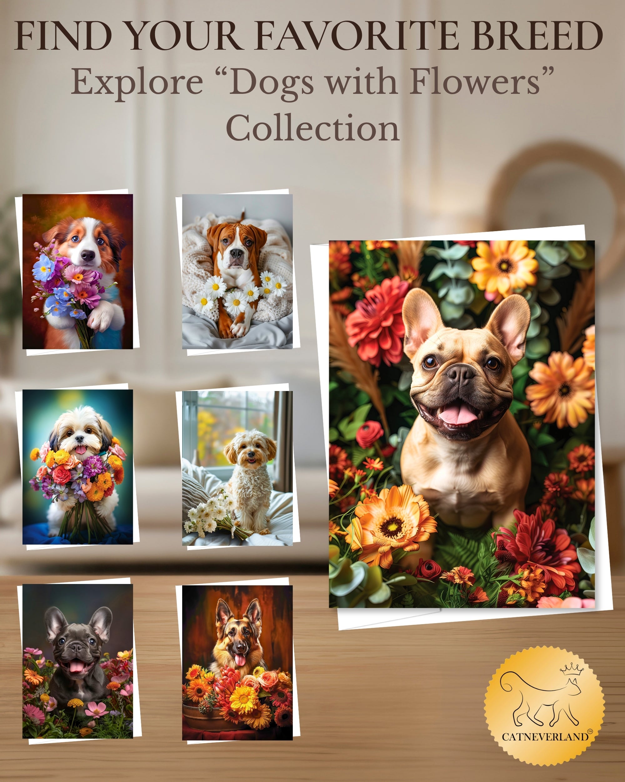 French Bulldog with Flowers All Occasions Greeting Card - Dog with Flowers from Unique Dogs Party Delights Collection - Large 5x7 Inch - Blank Inside with White Envelope