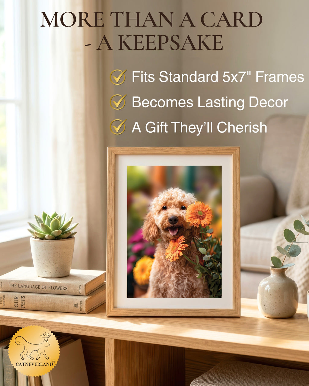 Goldendoodle with Orange Flowers All Occasions Greeting Card from Unique Dogs Party Delights Collection Large 5x7 Inch Blank Inside with Envelope