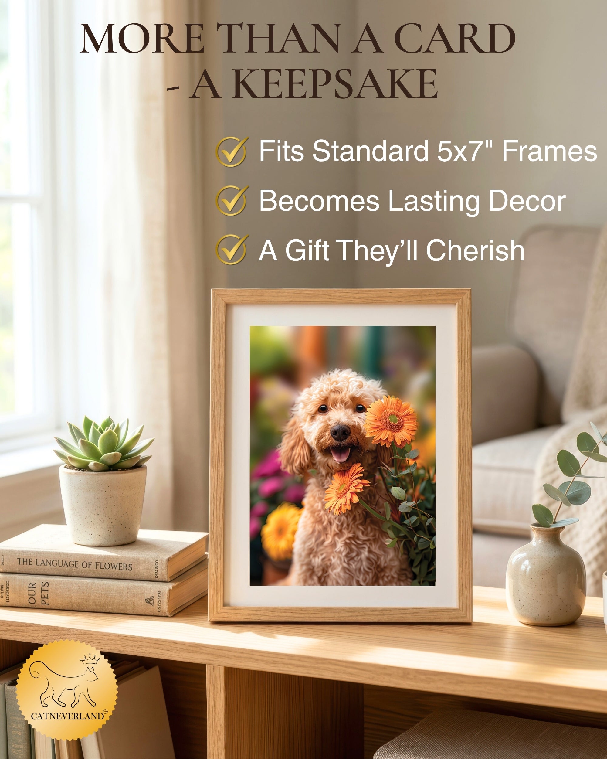 Goldendoodle with Orange Flowers All Occasions Greeting Card from Unique Dogs Party Delights Collection Large 5x7 Inch Blank Inside with Envelope