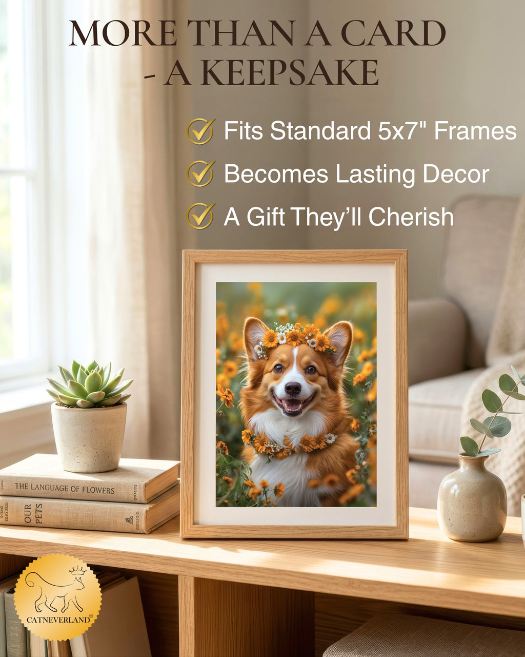 Charming Corgi with Flowers Greeting Card - Blank Inside for Personalized Messages, Premium Cardstock, Invitation Style White Envelope, Unique Artwork, Made by Small Business in USA