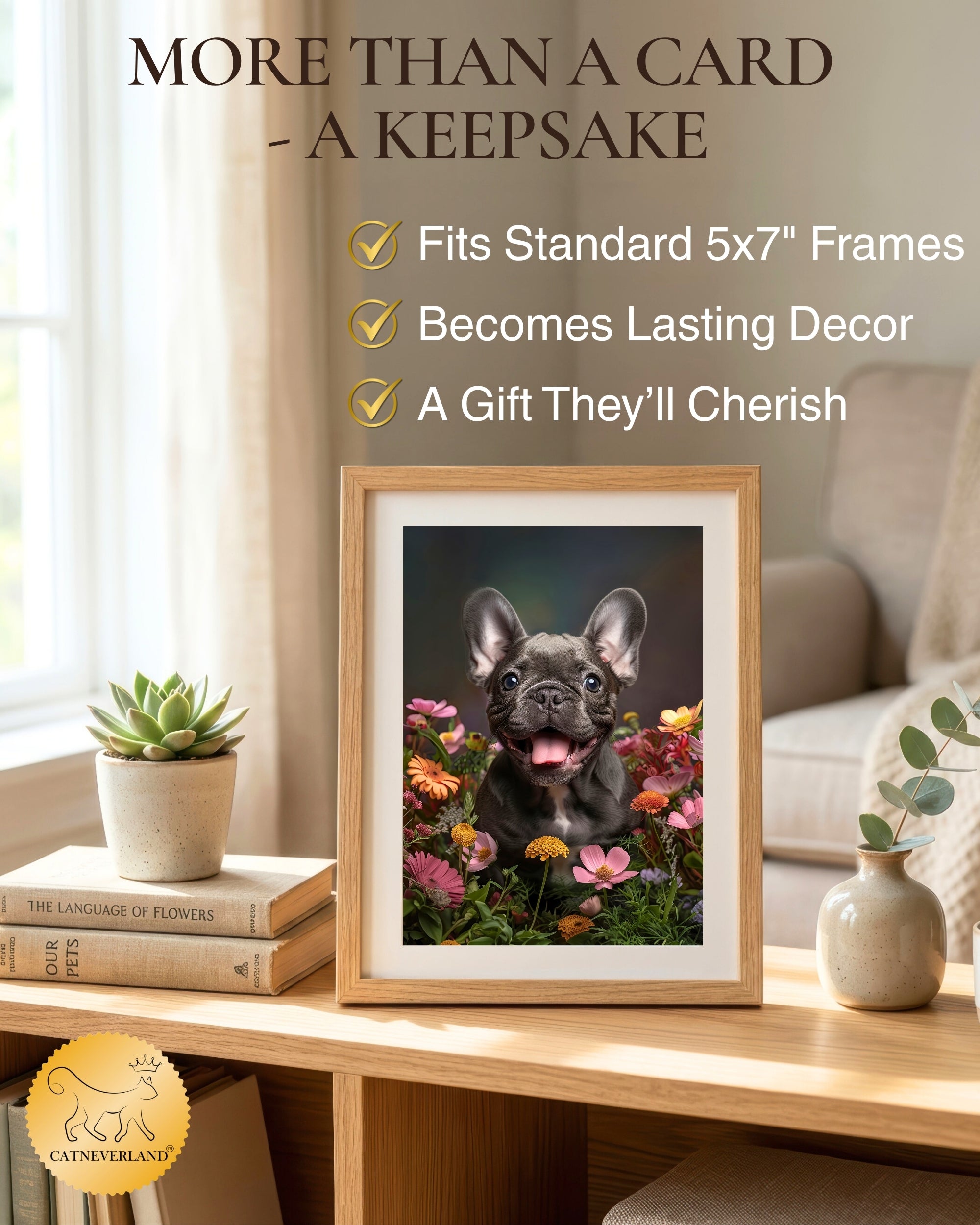 French Bulldog Puppy with Flowers All Occasions Greeting Card - Dog with Flowers from Unique Dogs Party Delights Collection - Large 5x7 Inch - Blank Inside with Invitation Style White Envelope
