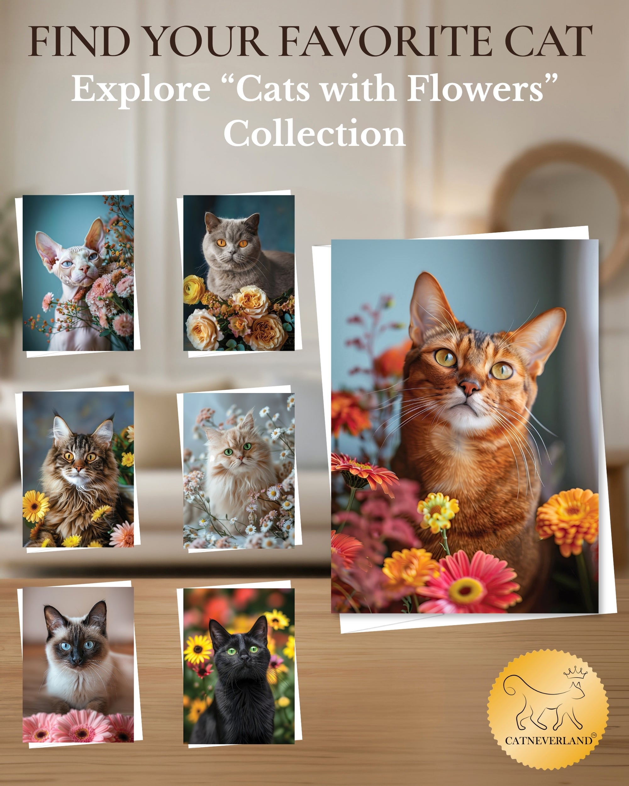 Abyssinian Cat Greeting Card 5x7 Inch, Any Occasion from Cats with Flowers Collection Premium Cardstock Blank Inside White Envelope Included Great Gift for Cat Lovers