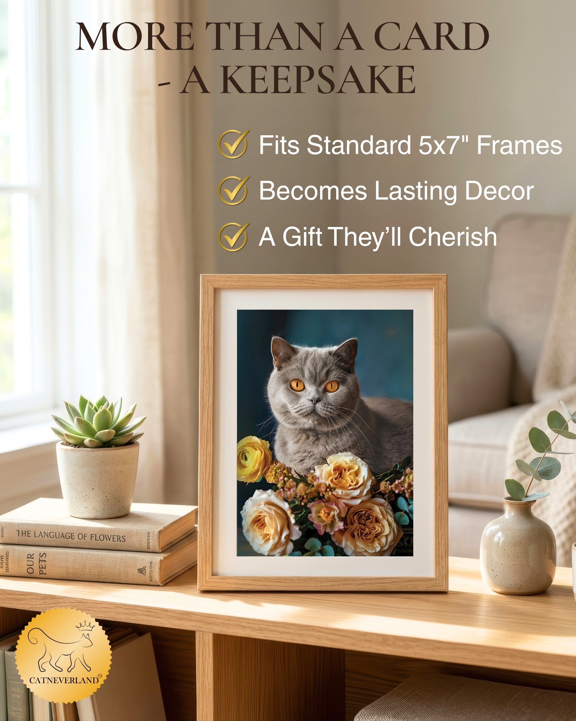 British Shorthair Cat Greeting Card 5x7 Inch Any Occasion Cats with Flowers Collection Premium Cardstock Blank Inside White Envelope Included Great Gift for Cat Lovers