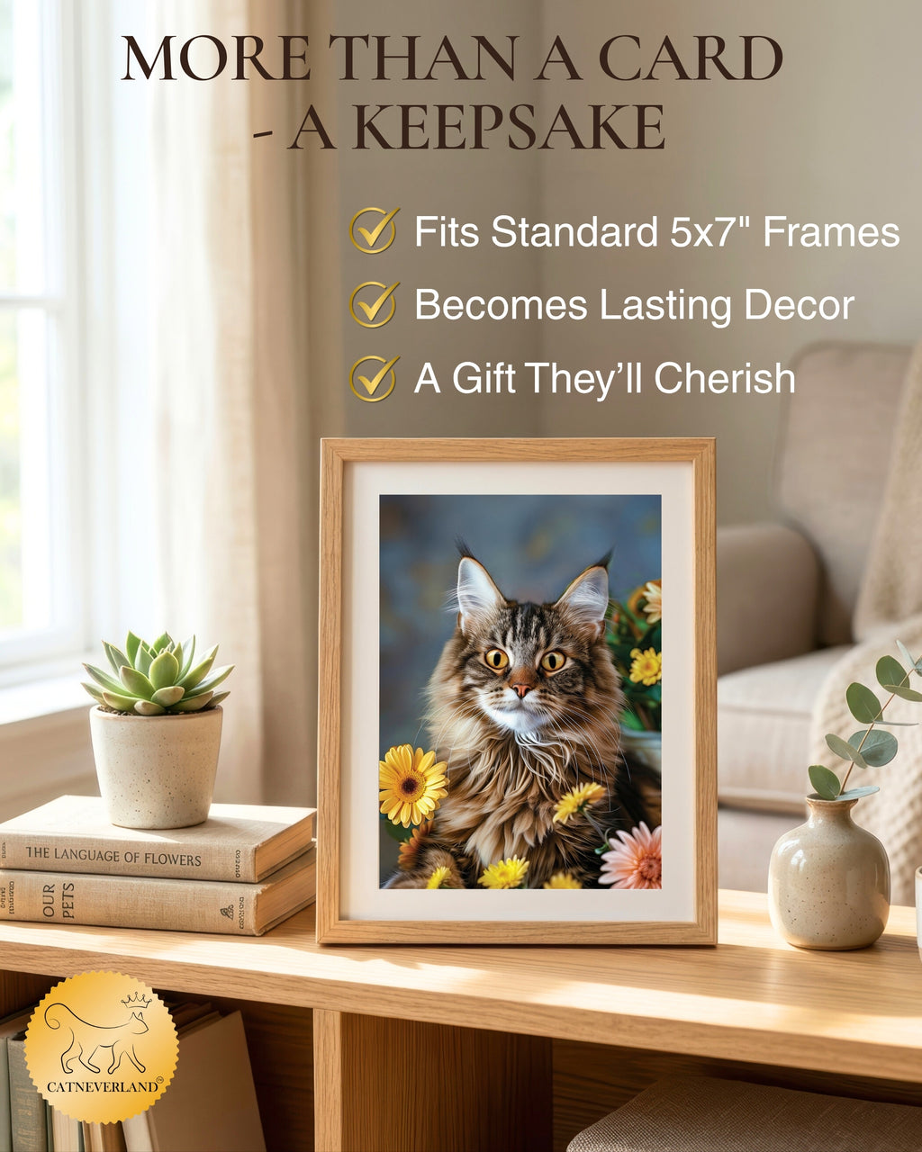 Maine Coon Cat Greeting Card 5x7 Inch Any Occasion from Cats with Flowers Collection Premium Cardstock Blank Inside White Envelope Great Gift for Cat Lovers