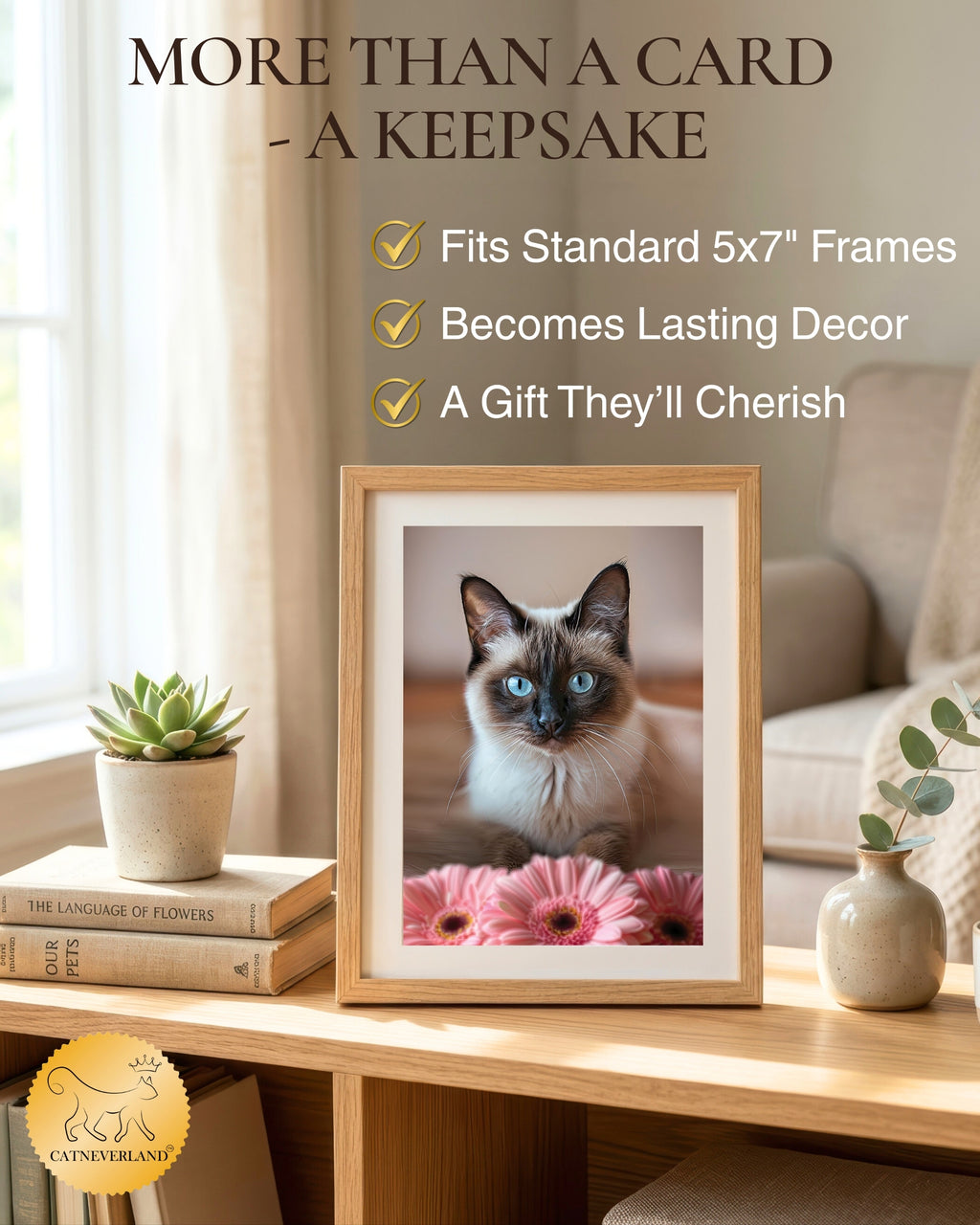 Siamese Cat Greeting Card 5x7 Inch Any Occasion from Cats with Flowers Collection Premium Cardstock Blank Inside White Envelope Great Gift for Cat Lovers