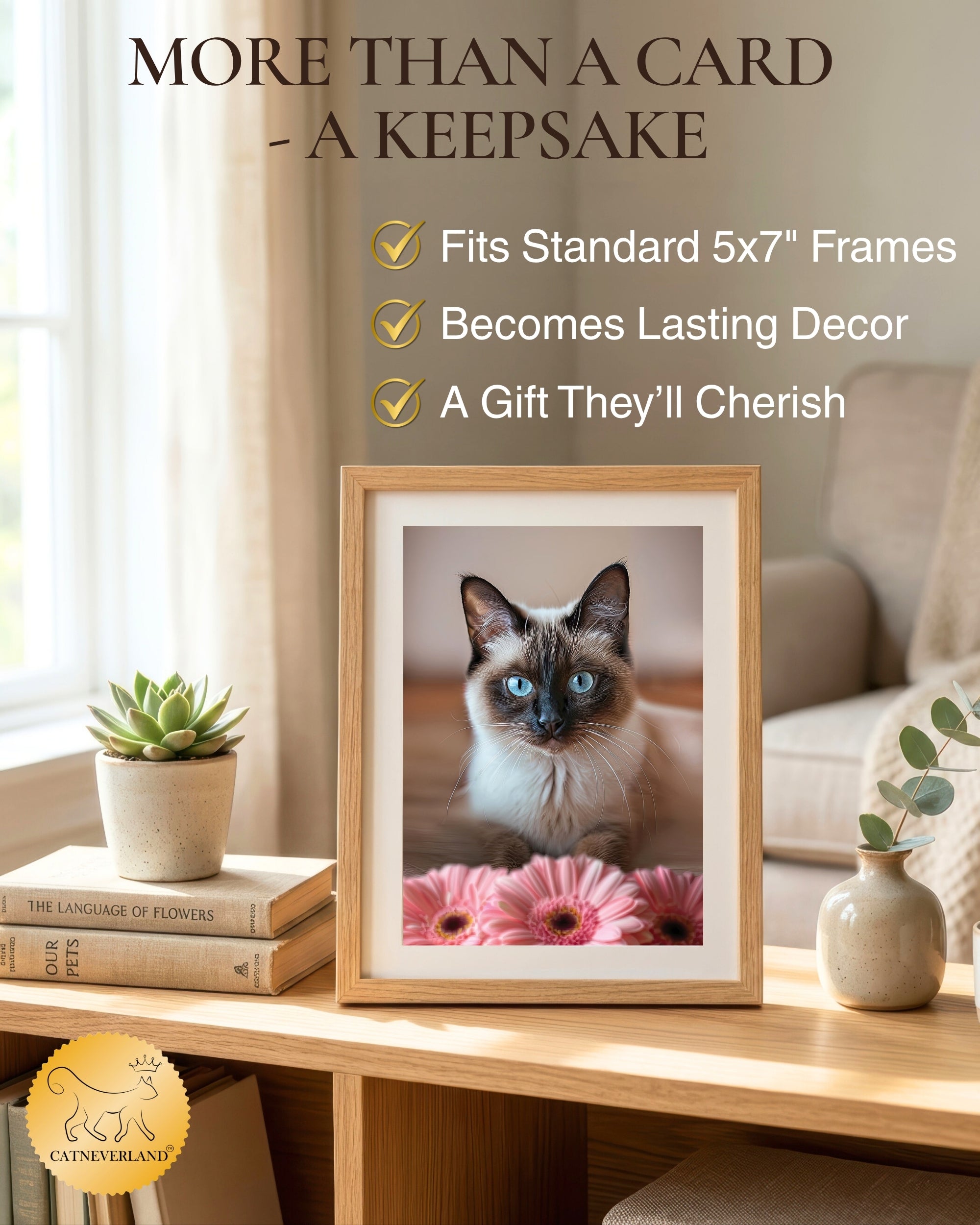 Siamese Cat Greeting Card 5x7 Inch Any Occasion from Cats with Flowers Collection Premium Cardstock Blank Inside White Envelope Great Gift for Cat Lovers