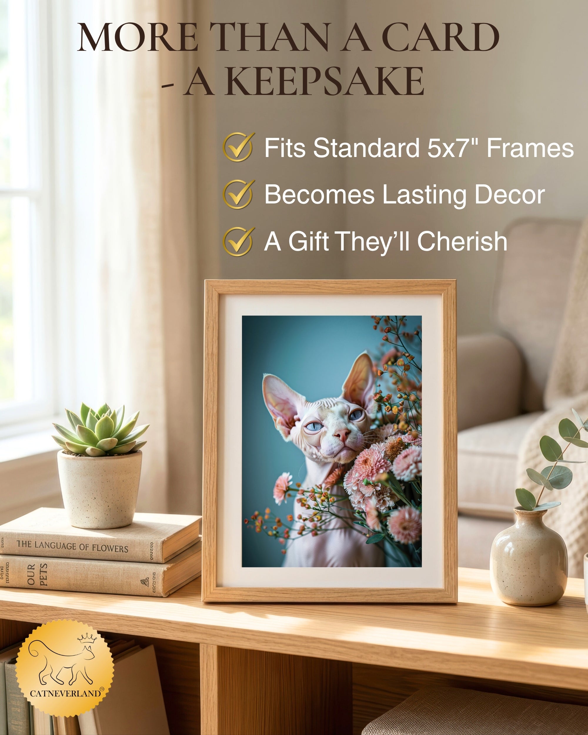 Sphynx Cat Greeting Card - 5x7 Inch Any Occasion from Cats with Flowers Collection Premium Cardstock Blank Inside White Envelope Great Gift for Cat Lovers