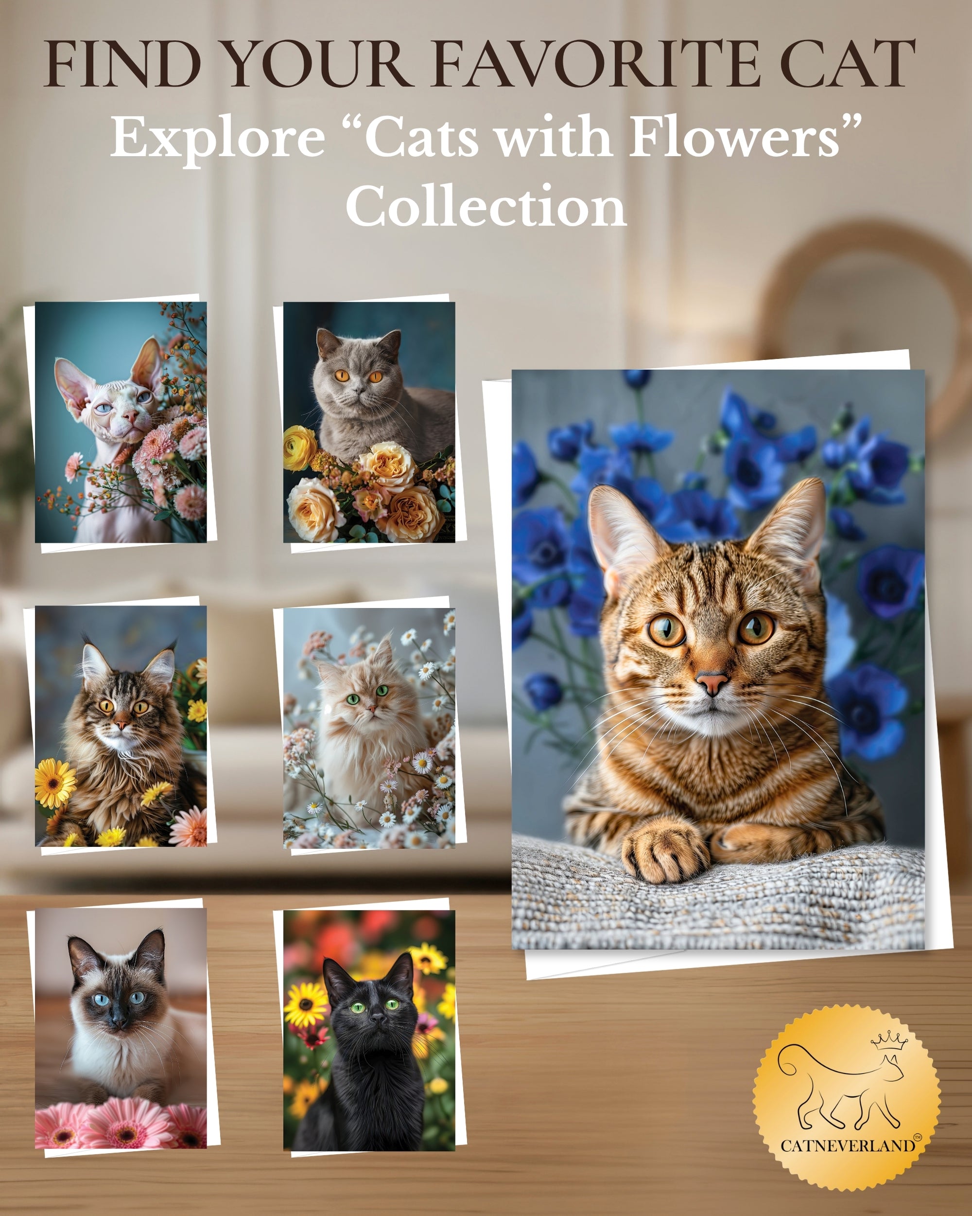 Bengal Cat Greeting Card 5x7 Inch Any Occasion from Cats with Flowers Collection Premium Cardstock Blank Inside White Envelope Great Gift for Cat Lovers