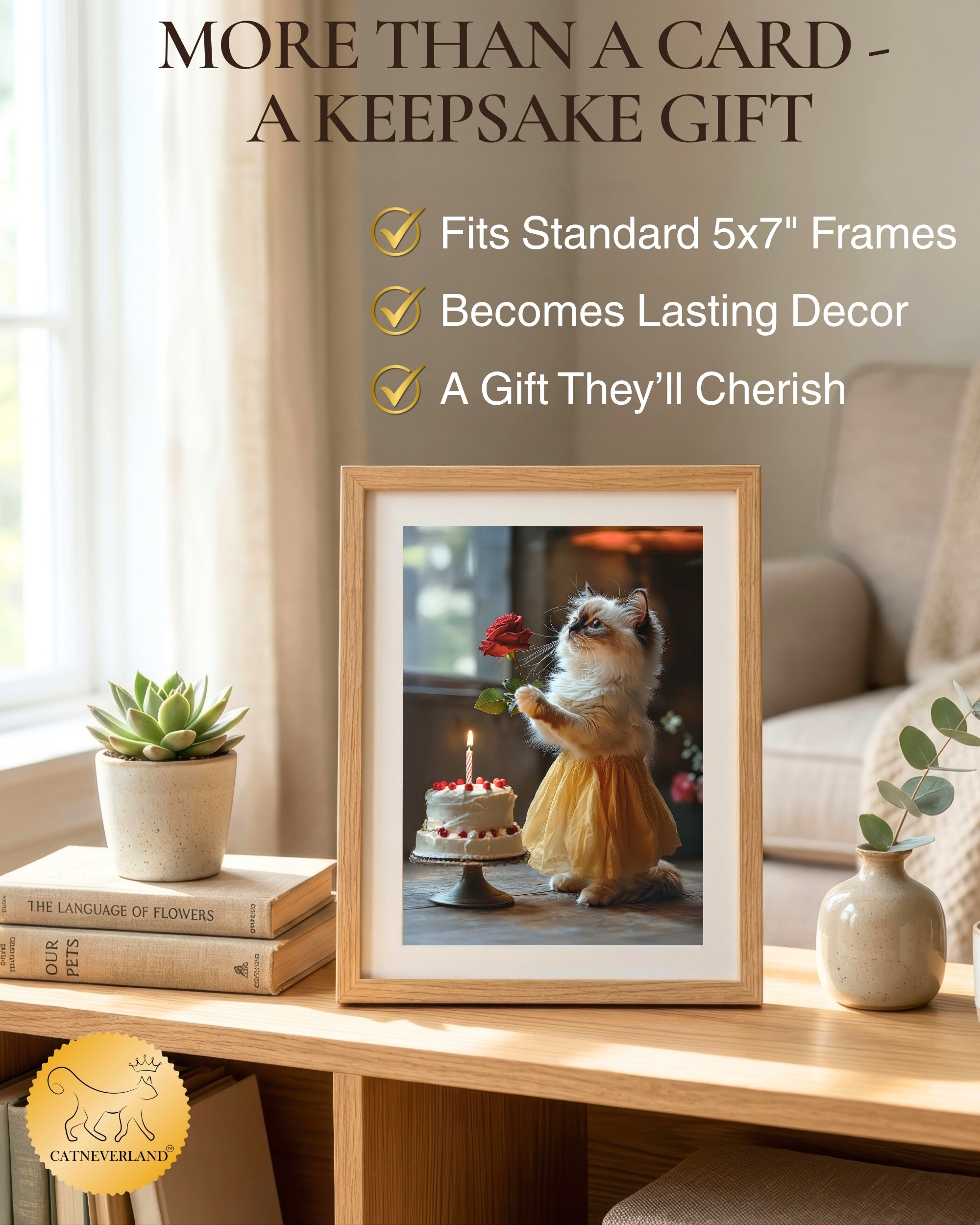 Happy Birthday Ragdoll Kitten Greeting Card Cute Cat in Dress with Cake and Rose – Blank Inside 5x7 Premium Card with Envelope – Made in USA by Pet-Friendly Business