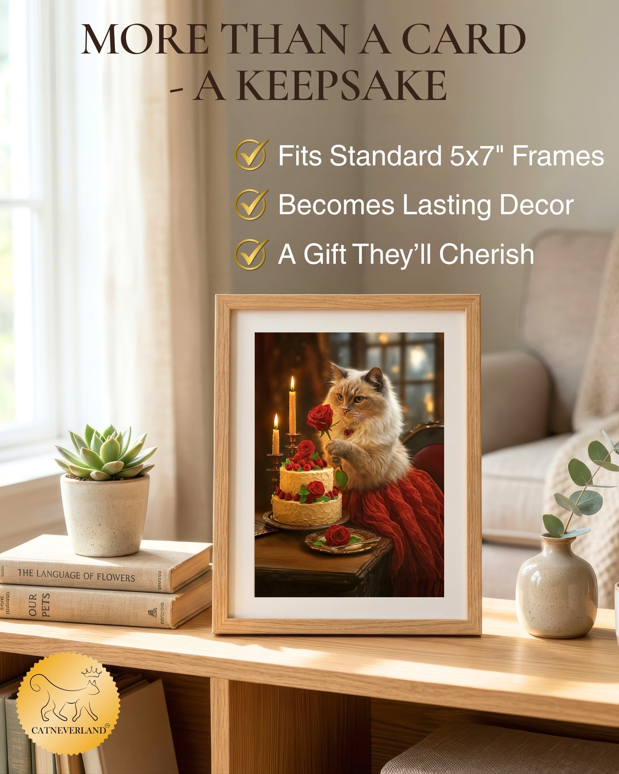 Ragdoll Cat with Cake and Red Rose Greeting Card – Blank Inside – Valentine’s Day, Birthday, Anniversary, or Thinking of You Card – Red Rose Collection by CatNeverland – 5x7 in, White Envelope, Made in USA