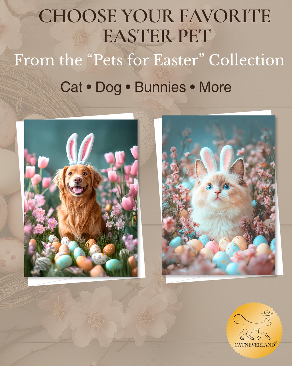 Golden Retriever Easter Greeting Card – Dog with Bunny Ears Surrounded by Easter Eggs and Spring Flowers Premium 5x7” Card with White Envelope Blank Inside Made in USA