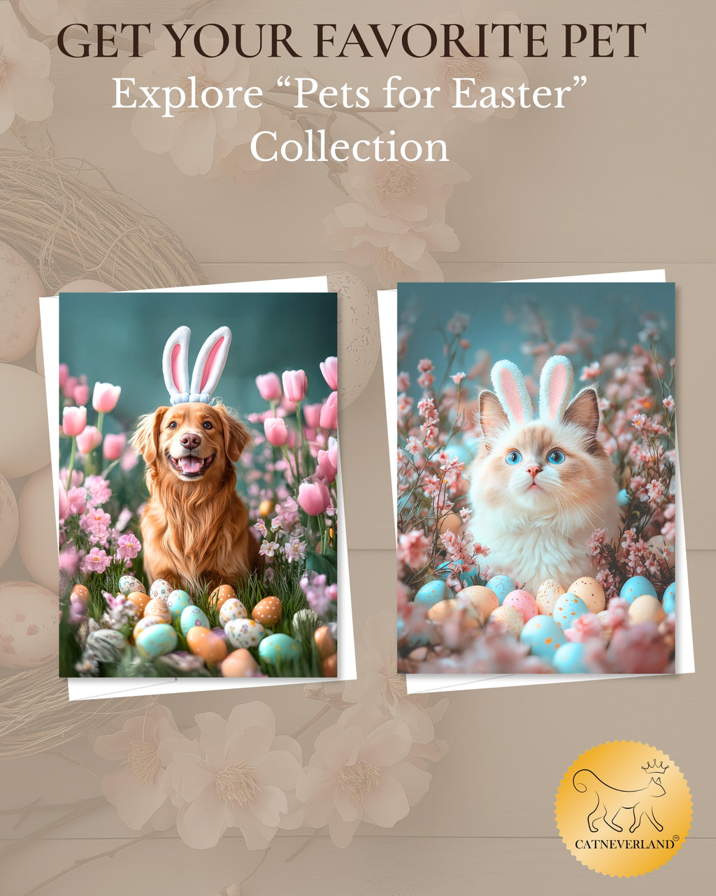 Ragdoll Cat Easter Greeting Card – Cute Cat with Bunny Ears Surrounded by Easter Eggs and Spring Flowers Premium 5x7” Card with White Envelope Blank Inside Made in USA