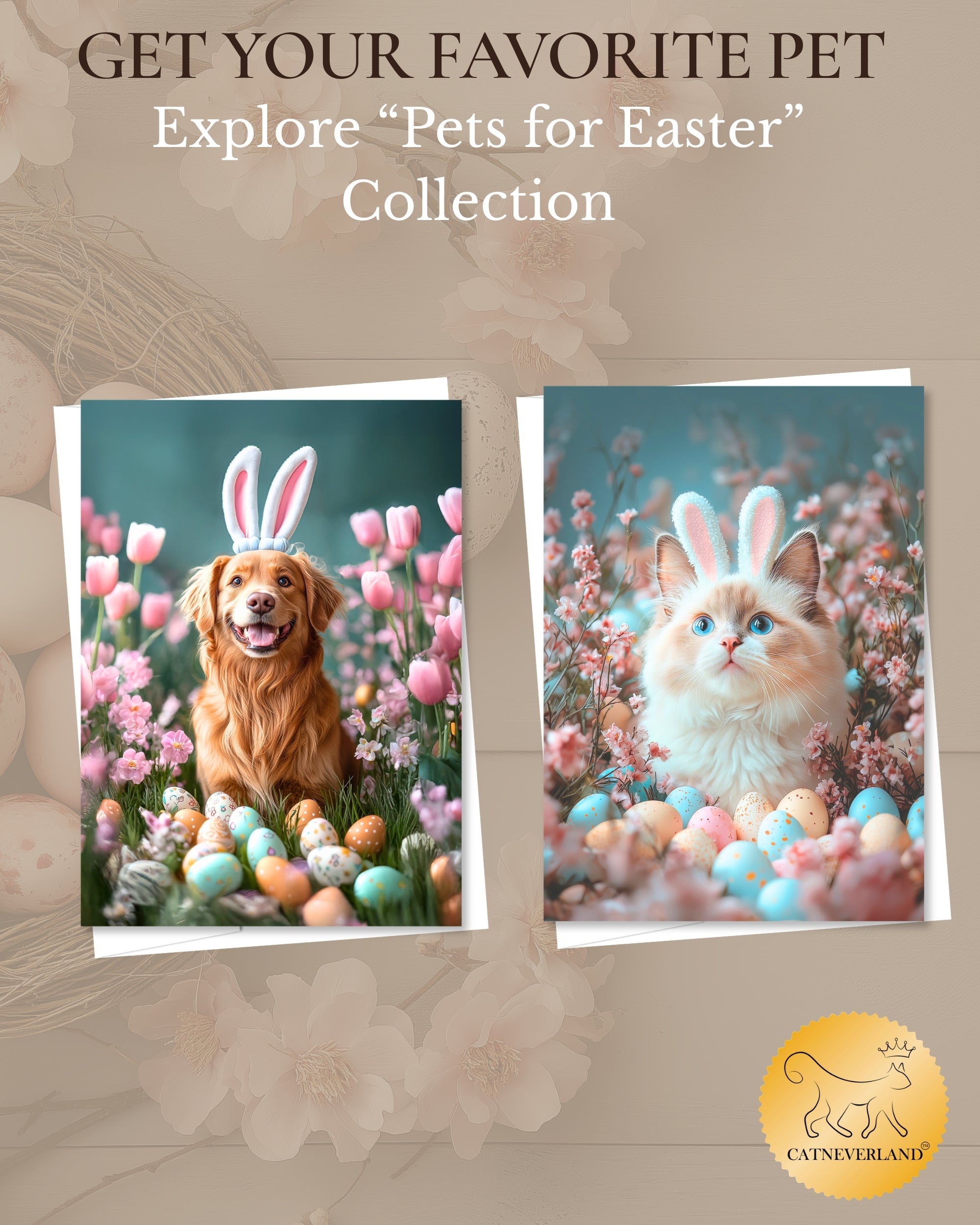 Ragdoll Cat Easter Greeting Card – Cute Cat with Bunny Ears Surrounded by Easter Eggs and Spring Flowers Premium 5x7” Card with White Envelope Blank Inside Made in USA