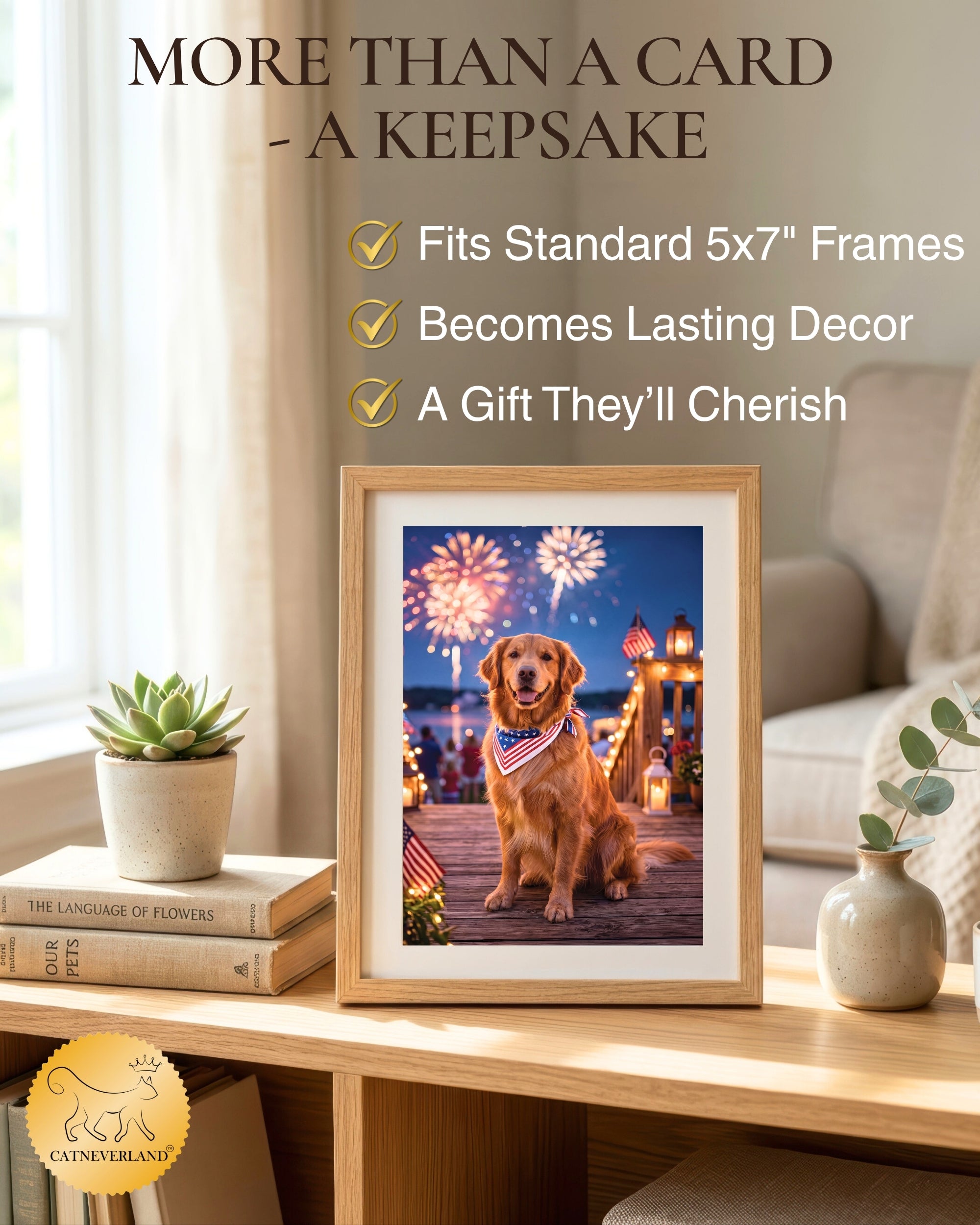 Golden Retriever 4th of July Greeting Card – Patriotic Dog Card with Fireworks – Premium 5x7 Independence Day Card with White Envelope – Blank Inside – Made in USA