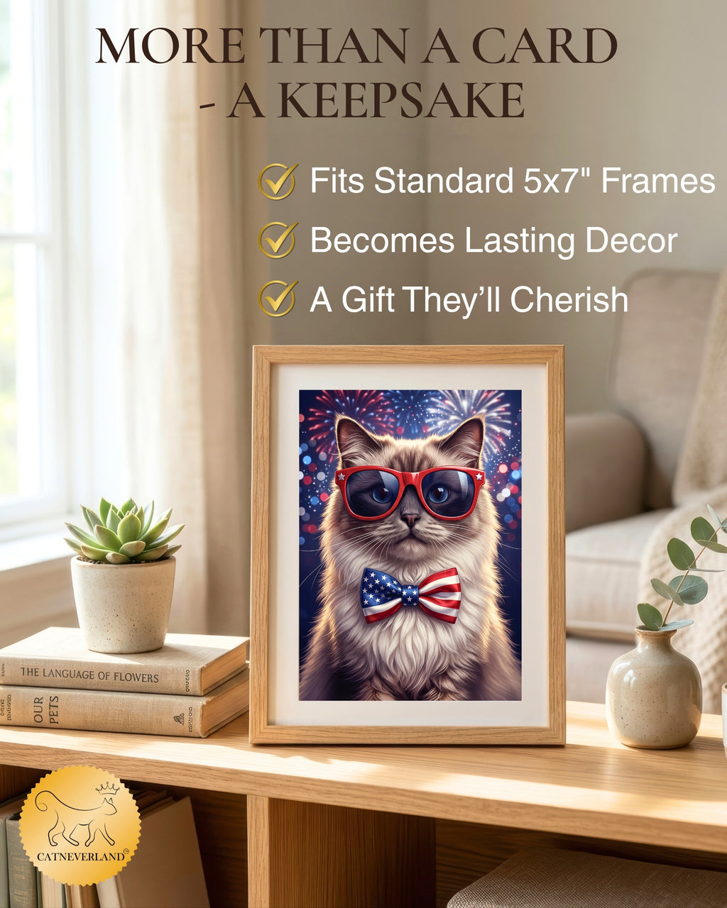 Ragdoll Cat 4th of July Greeting Card – Patriotic Cat with American Flag Bow Tie & Sunglasses – Premium 5x7 Independence Day Card with White Envelope – Blank Inside – Made in USA