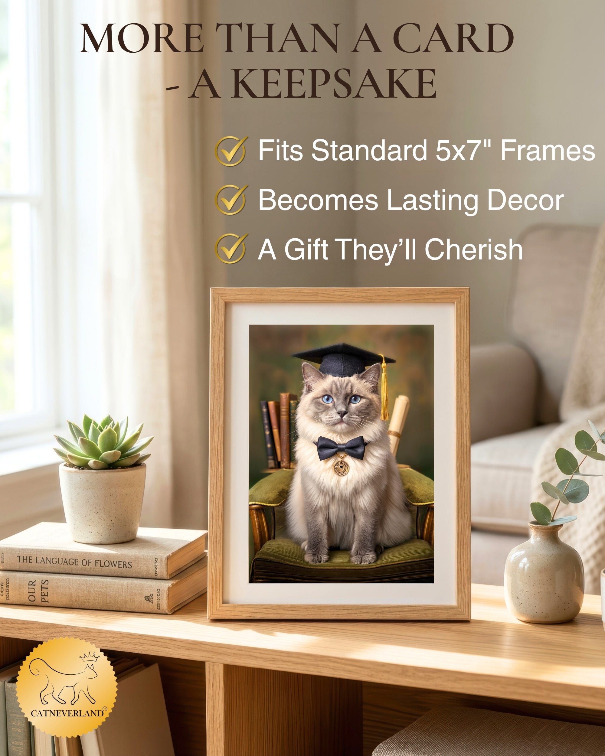 Ragdoll Cat Graduation Greeting Card 5x7” – Cute Cat in Cap & Bow Tie Congrats Card for Graduate – High School College Graduation Card with Envelope Blank Inside Made in USA