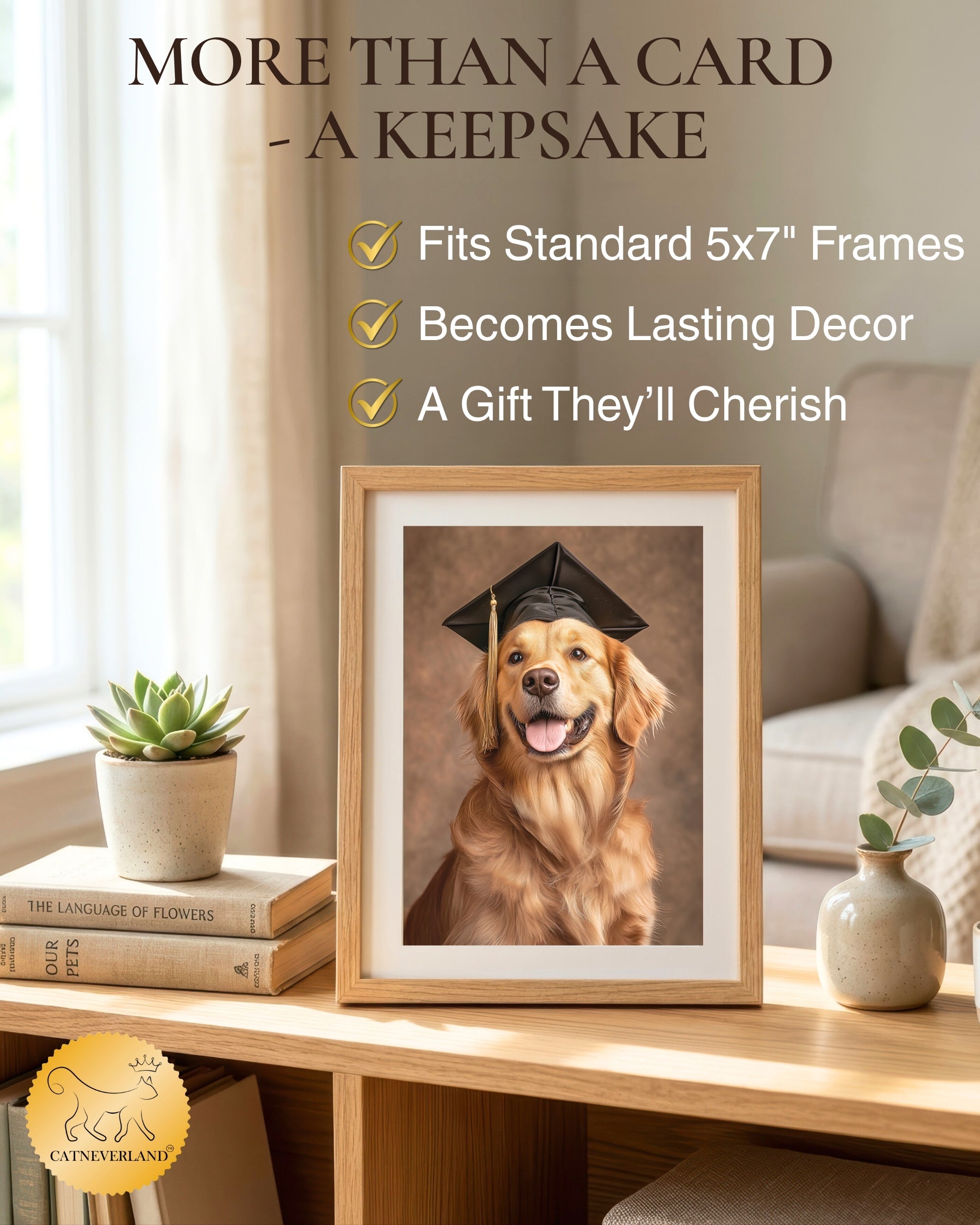 Golden Retriever Graduation Card – 5x7 Dog Greeting Card with White Envelope – Blank Inside – Pet Lover Gift – Made in USA – Frameable Keepsake