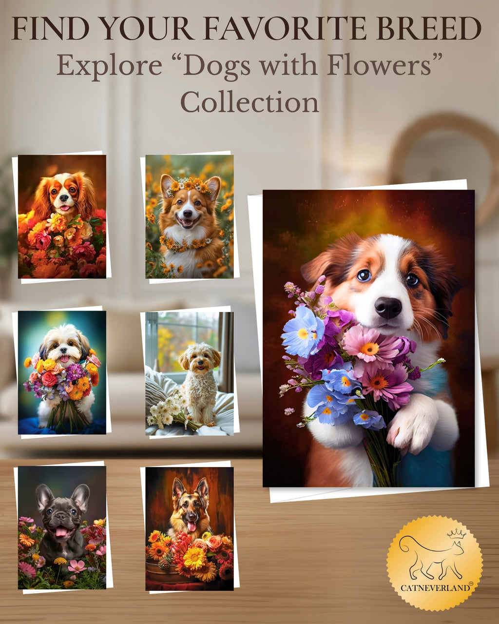 Australian Shepherd with Flowers All Occasions Greeting Card from Unique Dogs Party Delights Collection Large 5x7 Inch Blank Inside with White Envelope