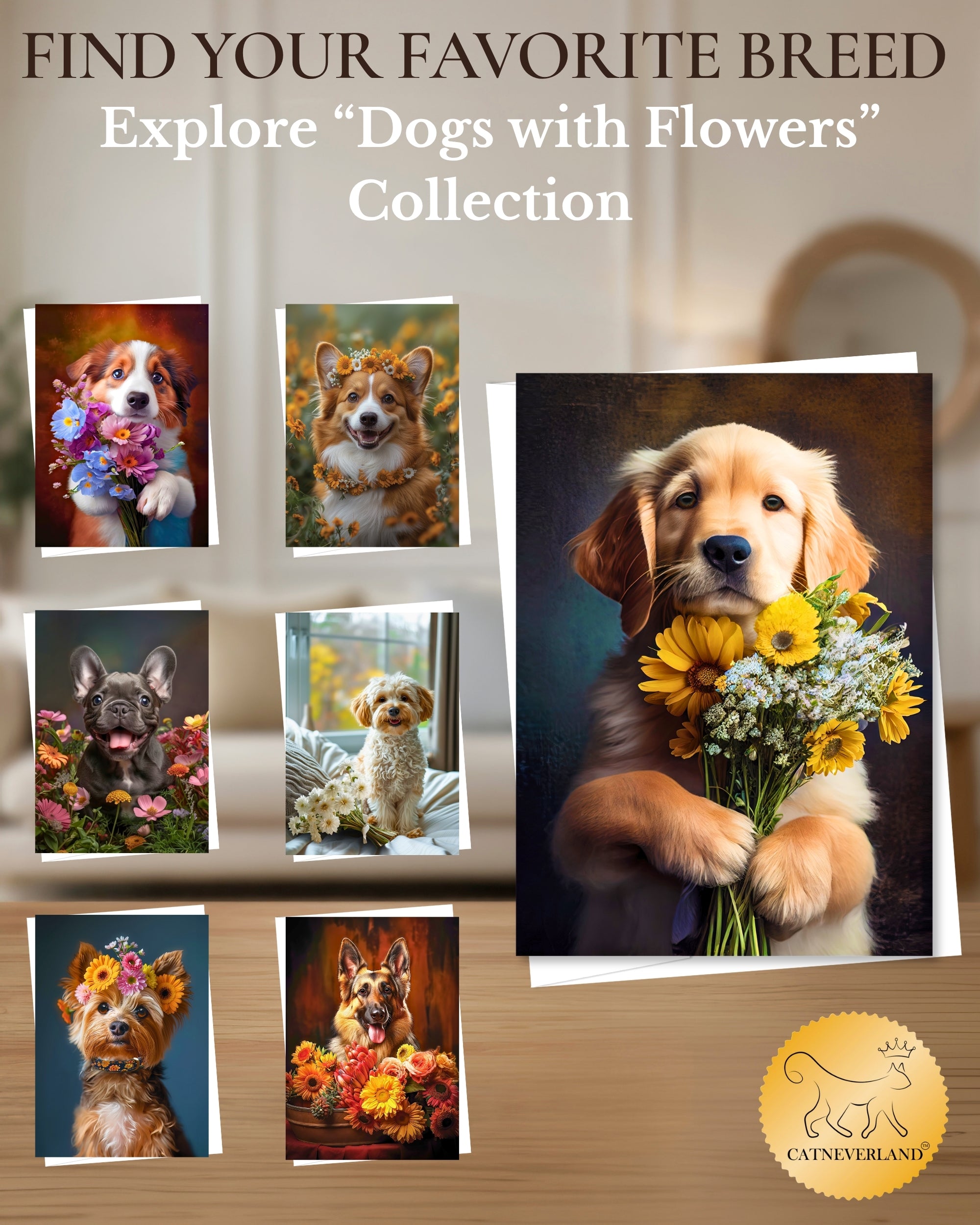 Golden Retriever with Flowers All Occasions Greeting Card - Dog with Flowers from Unique Dogs Party Delights Collection - Large 5x7 Inch - Blank Inside with White Envelope