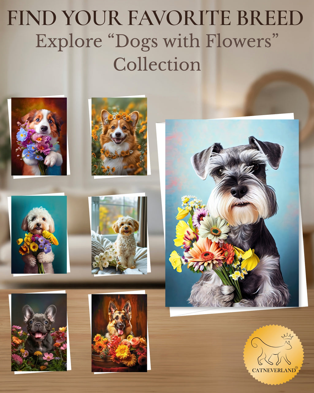 Schnauzer with Flowers All Occasions Greeting Card from Unique Dogs Party Delights Collection Large 5x7 Inch Blank Inside with Envelope