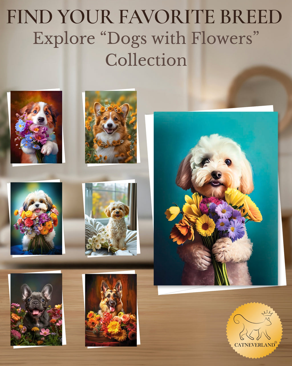 White Poodle with Flowers All Occasions Greeting Card from Unique Dogs Party Delights Collection Large 5x7 Inch Blank Inside with White Envelope