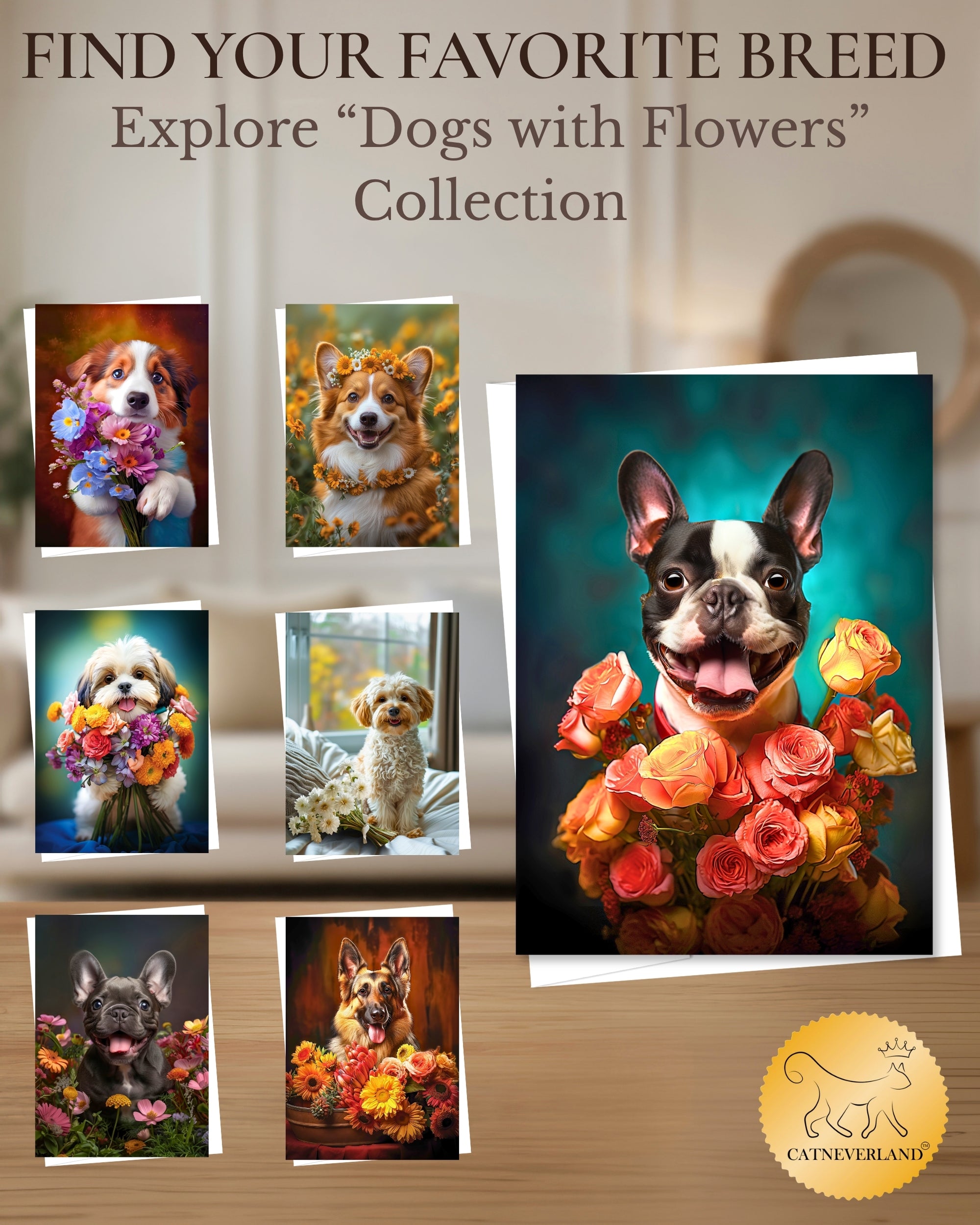 Boston Terrier with Flowers All Occasions Greeting Card from Unique Dog Party Delights Collection Large 5x7 Inch Blank Inside with White Envelope